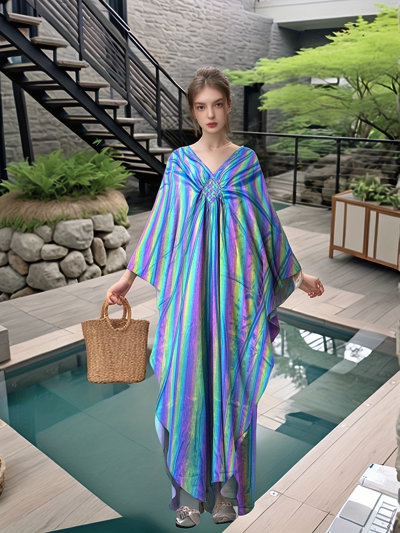 Kaftan Dresses For Women Sparkly Glitter Batwing Sleeve Kaftan Cover Up Beach Maxi Dress Loungewear