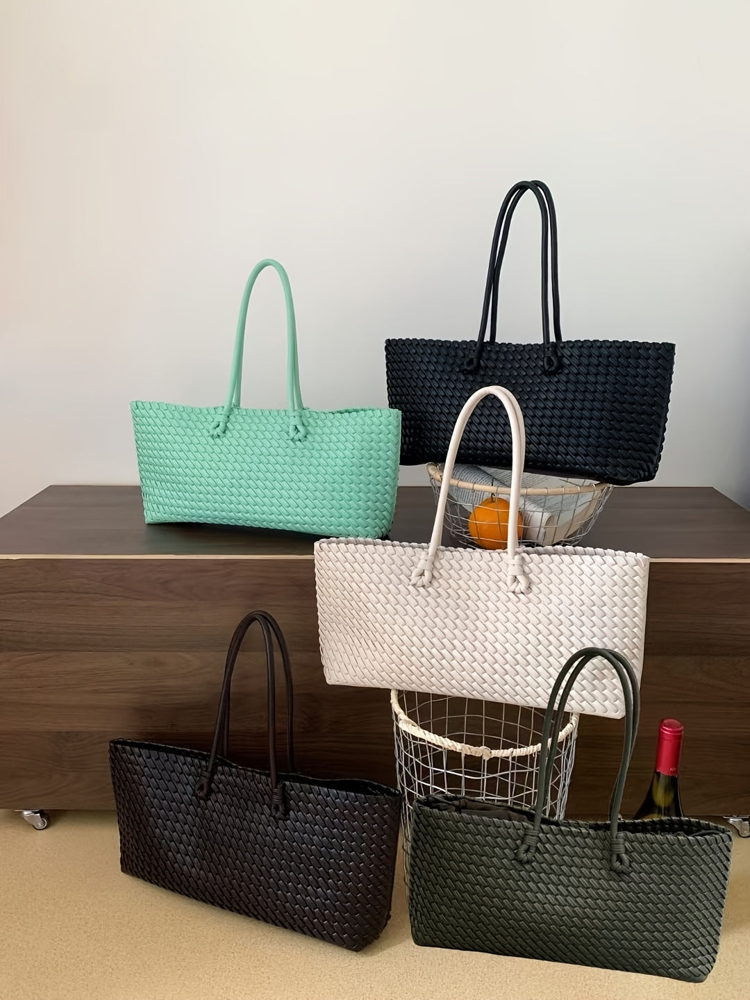 Women's Dual-Sided Woven Large-Capacity Tote Bag - Vegetable Basket Design Handbag with Top Handles & Detachable Shoulder Strap