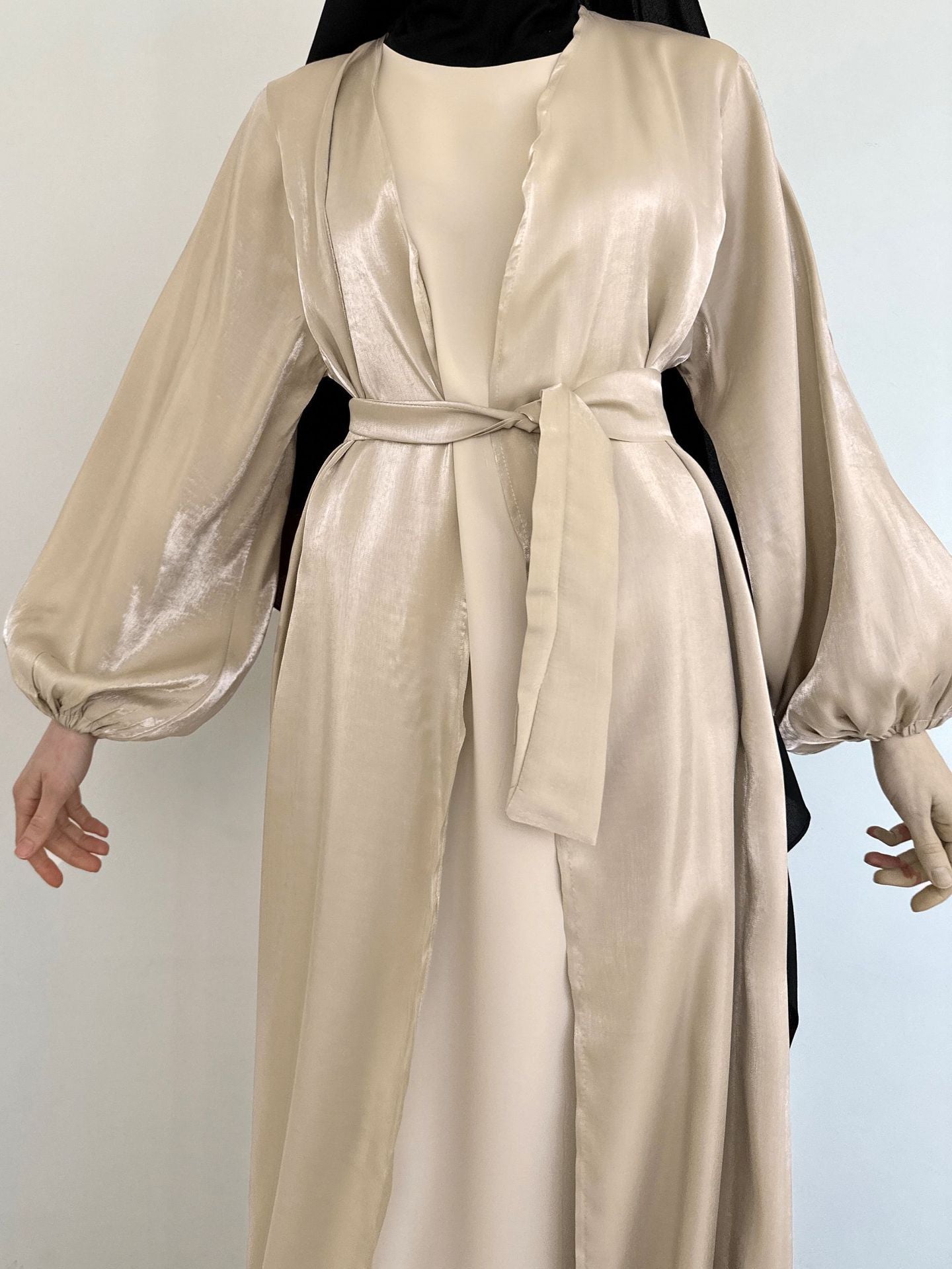 Plus Size, Middle Eastern Modest Muslim Fashionable Bright Silky Satin Solid Color Belt Bat Sleeve Arabic Abaya European and American Large Size Women's Clothing