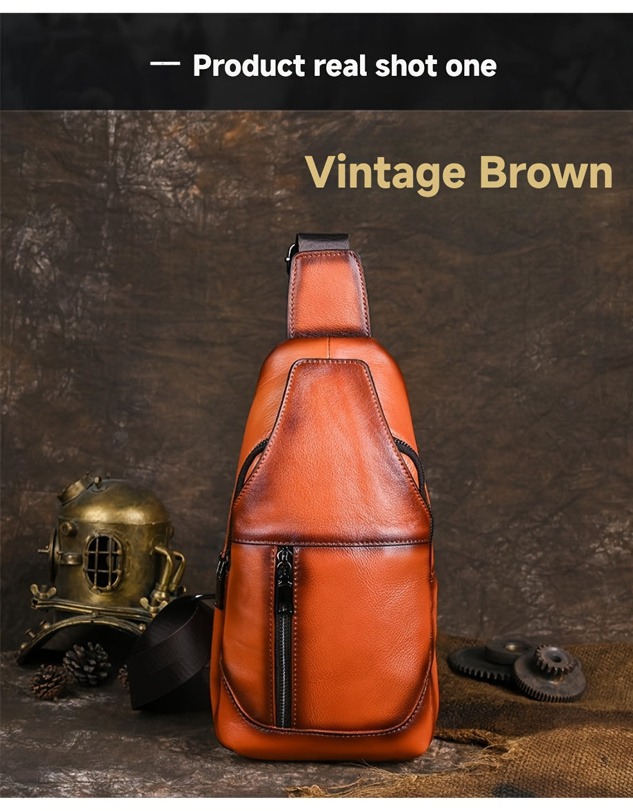 Men's Vintage Genuine Leather Chest Bag - Large Capacity Casual Messenger Shoulder Bag with Zipper Closure, Outdoor Shoulder Bag | Retro Style Bag