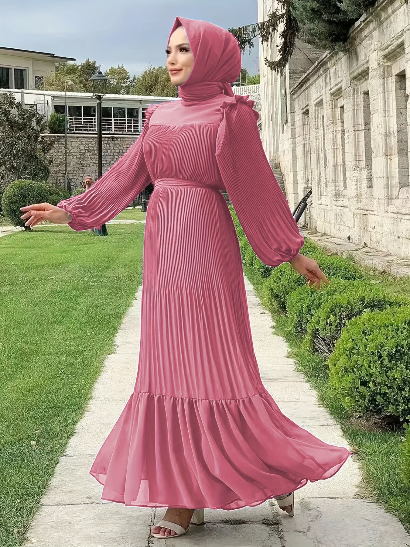 Women's Middle Eastern Muslim Baju Abaya Dress - Solid Color Pleated Long Sleeve with Belted Waist, Lightweight Breathable Fabric, Machine Washable Traditional Modest Dress