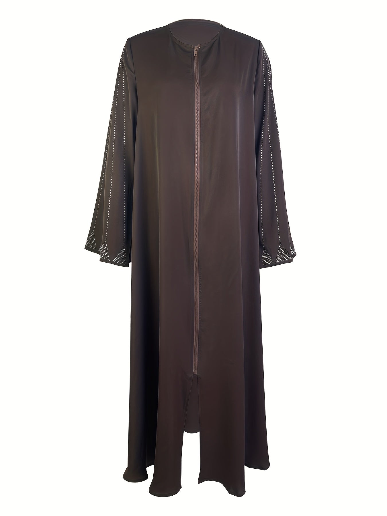 Elegant Brown Open Abaya for Women - Long Sleeve, Front Zipper Closure, Flowing Design, Perfect for Spring/Summer/Fall, Traditional Middle Eastern Style, Polyester Fabric