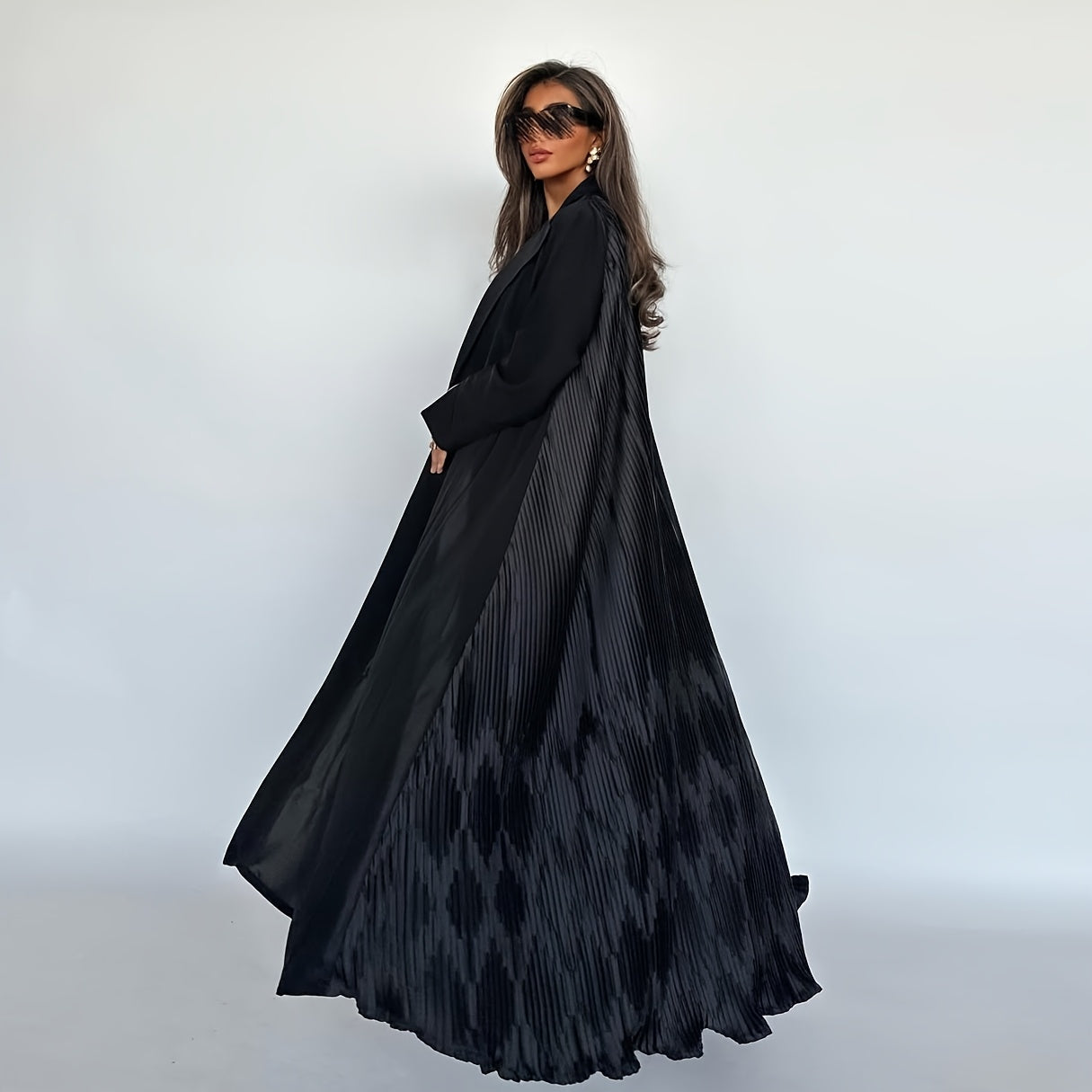Elegant Black Arabian Fashion Emirati Abaya with Ruffle Detail - V-Neck, Long Sleeve, Floor-Length Kaftan for Women, Casual Style, All-Season Wear, Casual Wear Abaya | Vneck Abaya | Polyester Abaya