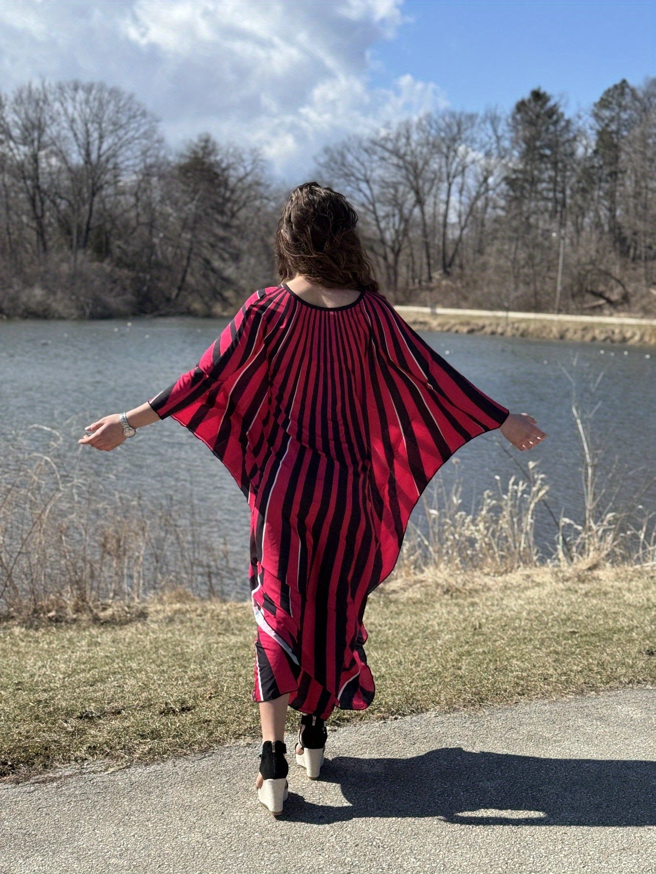 Plus Size - Bohemian Stripe Print Kaftan Dress for Women - V-Neck, Half Sleeve, Long Length, Lightweight Polyester, Perfect for Beach Coverup & Casual Vacation, Plus Size, Spring/Summer/Fall Wear, Beach Dress