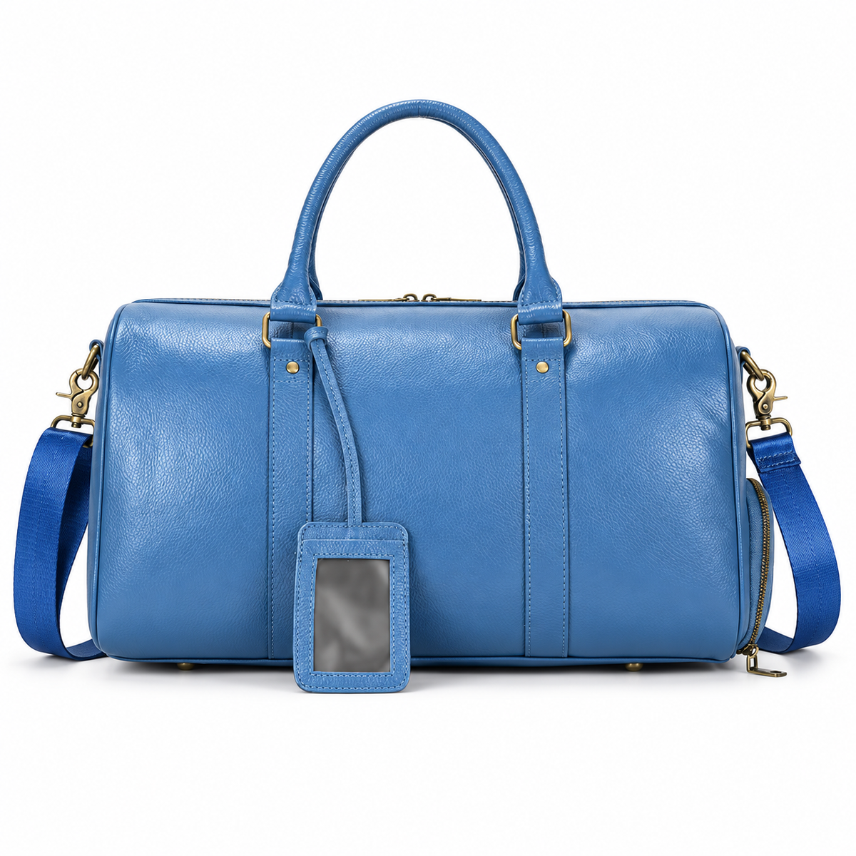 Blue Leather Duffel Bag With Strap
