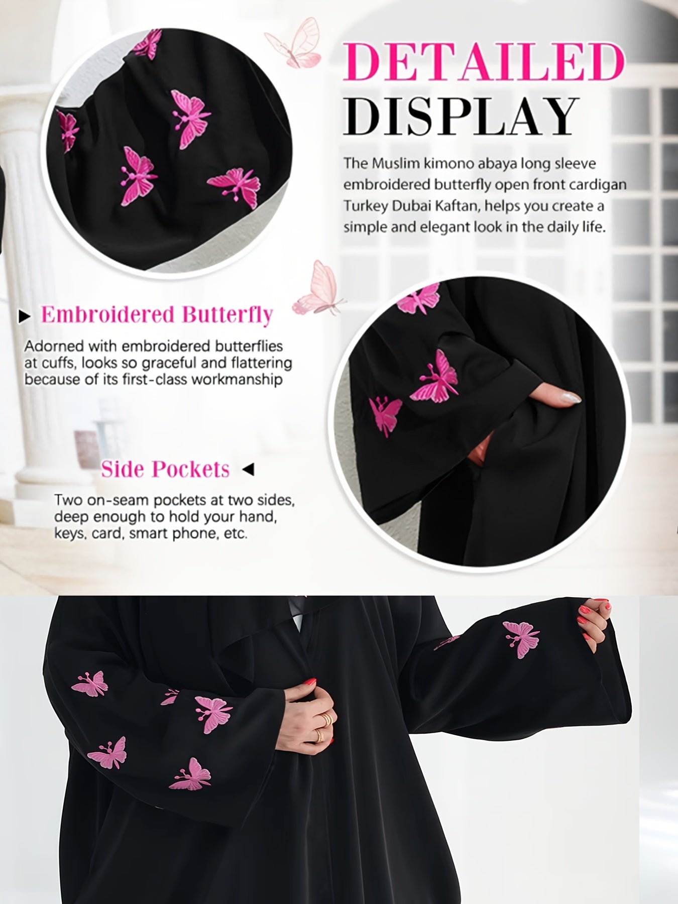 Oriental Women's Elegant Solid Color Embroidered Butterfly Batwing Sleeve Abaya, Saudi Dubai Loose Fit Black Satin Open Front Bathrobe, Casual Long Robe Dress 1pc Outerwear for Daily Wear and Festivals