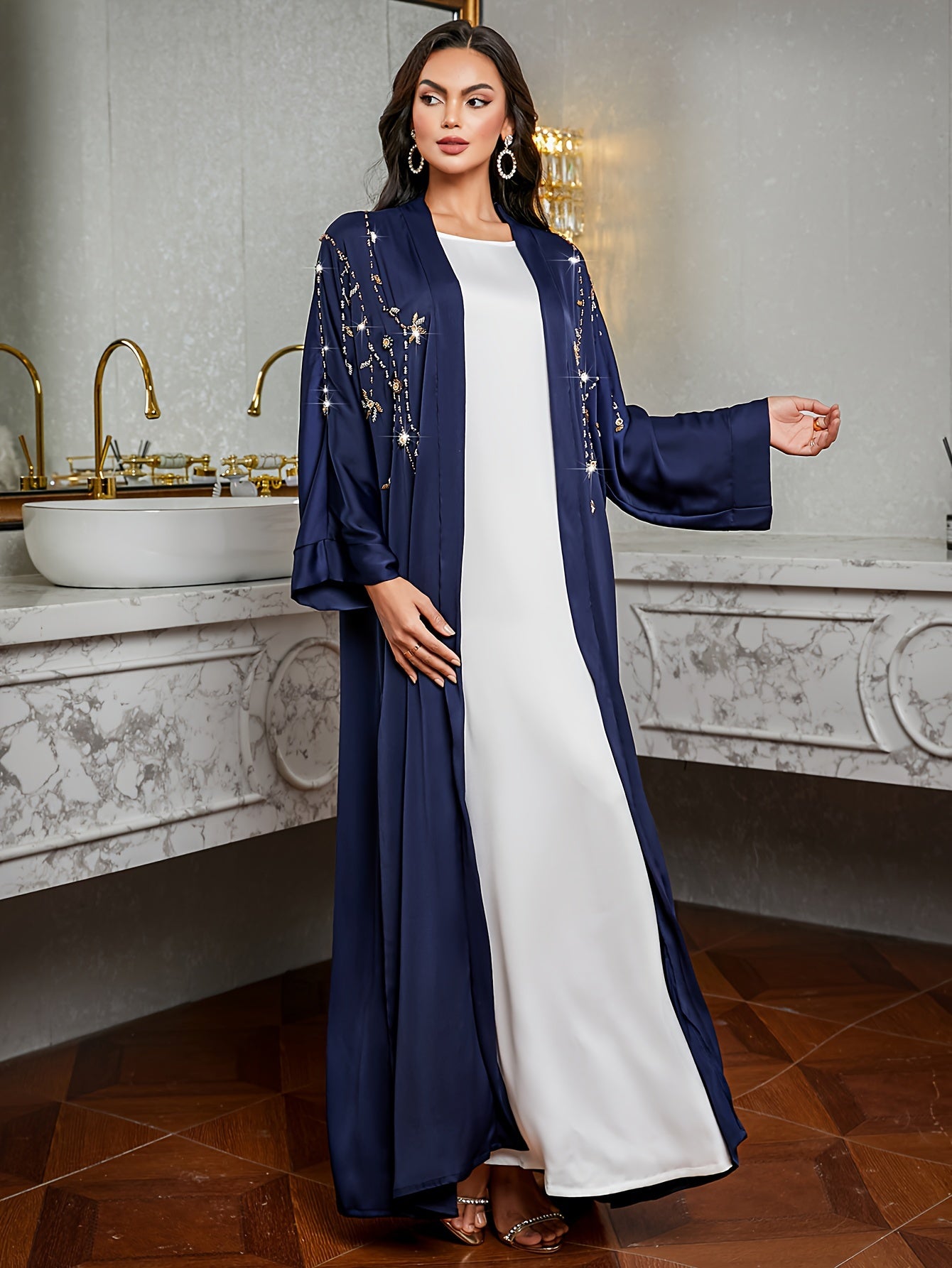 Elegant Navy Blue Kimono Abaya with Sparkling Embellishments - Long Sleeve, Loose Fit, Floor-Length Dress for Women, Perfect for All Seasons, Allseason Attire|Sparkling Embellishments|Rhinestone Details