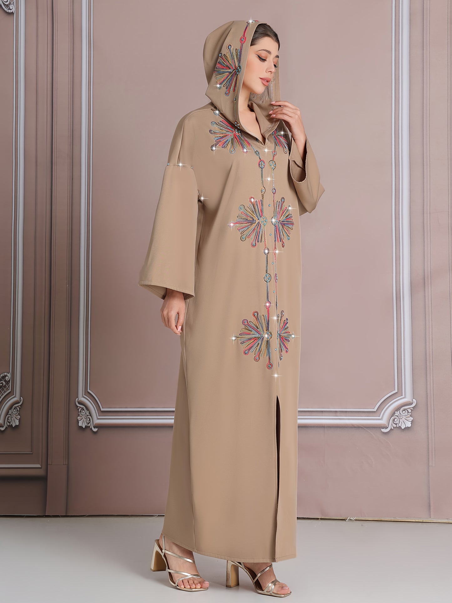 Elegant Long-Sleeve Kaftan with Colorful Embroidery - Polyester, Drop Shoulder, Slit Hem, No Belt, All-Season Wear, Abaya for Women, Festive Attire|Elegant Embroidery|Polyester Kaftan