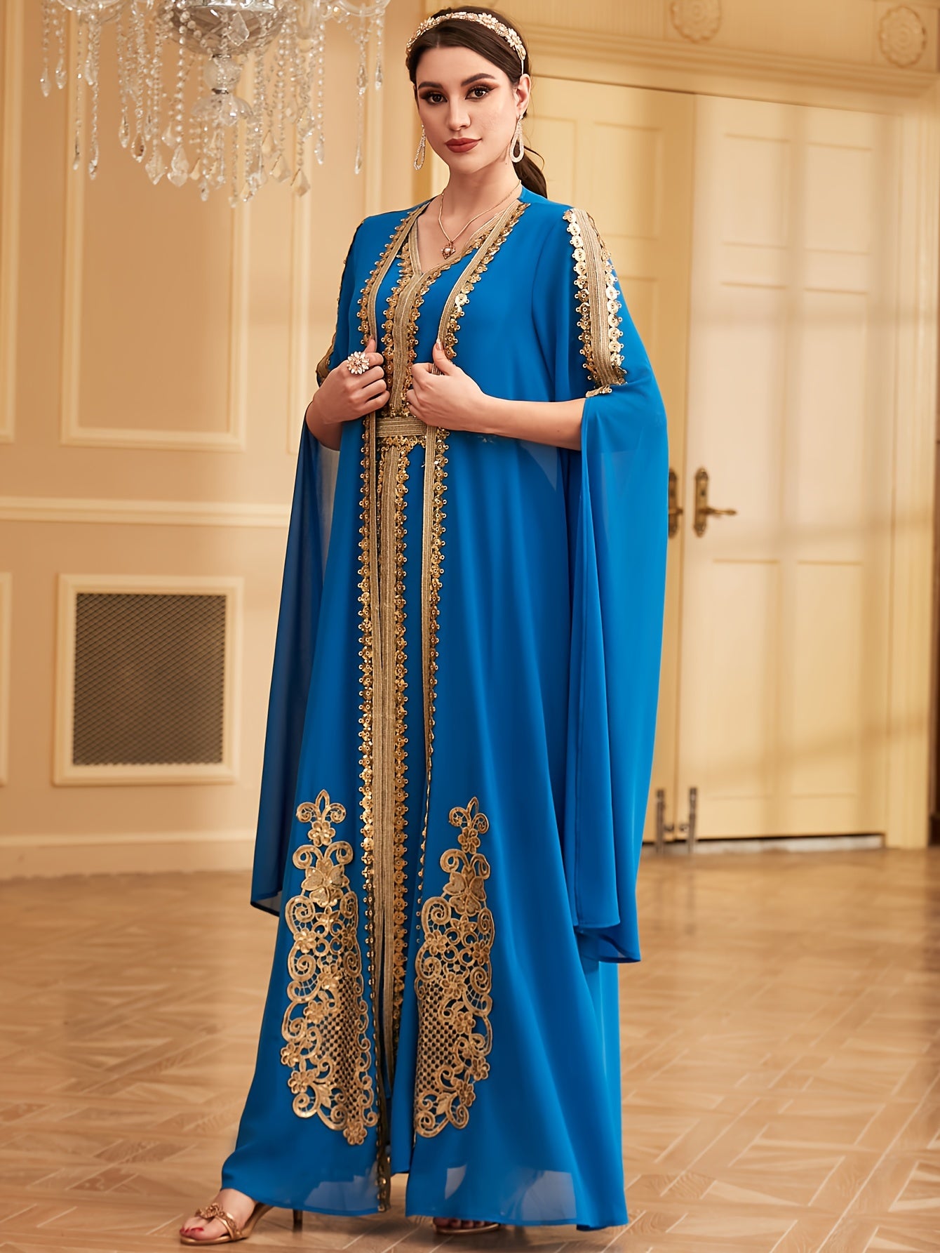 Two-piece Set: Fashion Embroidered Vest with Waist Cincher and Long Skirt + Cardigan with Sequins and Split Long Sleeves Abaya Gown Dress