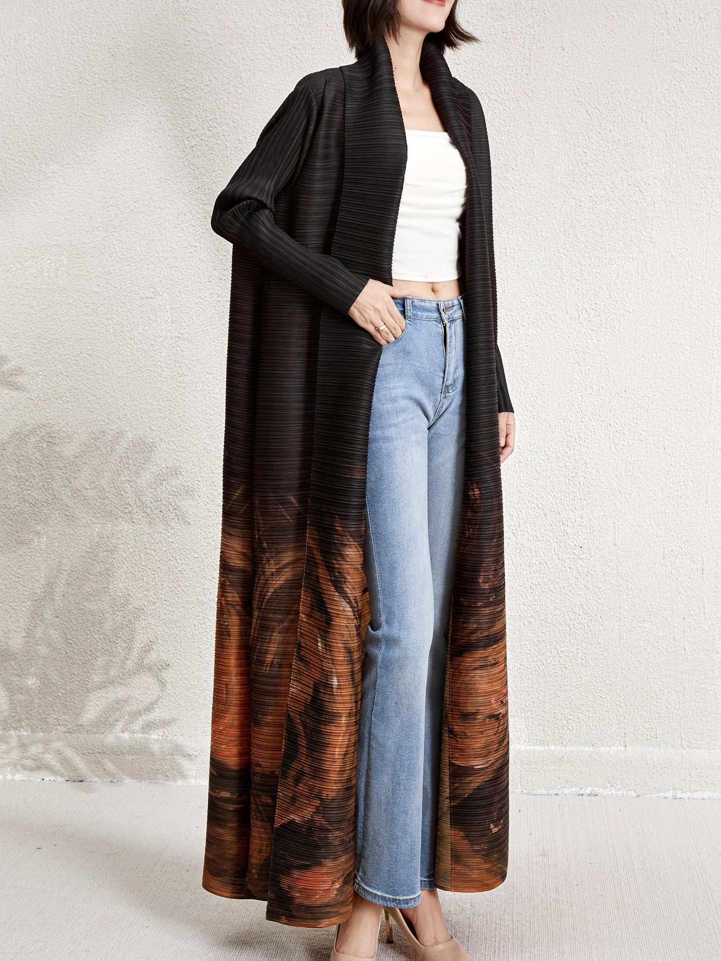 Elegant Middle Eastern Dubai Vacation Abaya Robe - Plus Size Loose Fit Pleated Geometric Print Open Front Cardigan Dress, High Elasticity Machine Washable Long Sleeve Belted