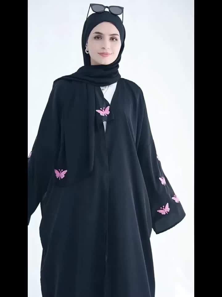 Oriental Women's Elegant Solid Color Embroidered Butterfly Batwing Sleeve Abaya, Saudi Dubai Loose Fit Black Satin Open Front Bathrobe, Casual Long Robe Dress 1pc Outerwear for Daily Wear and Festivals