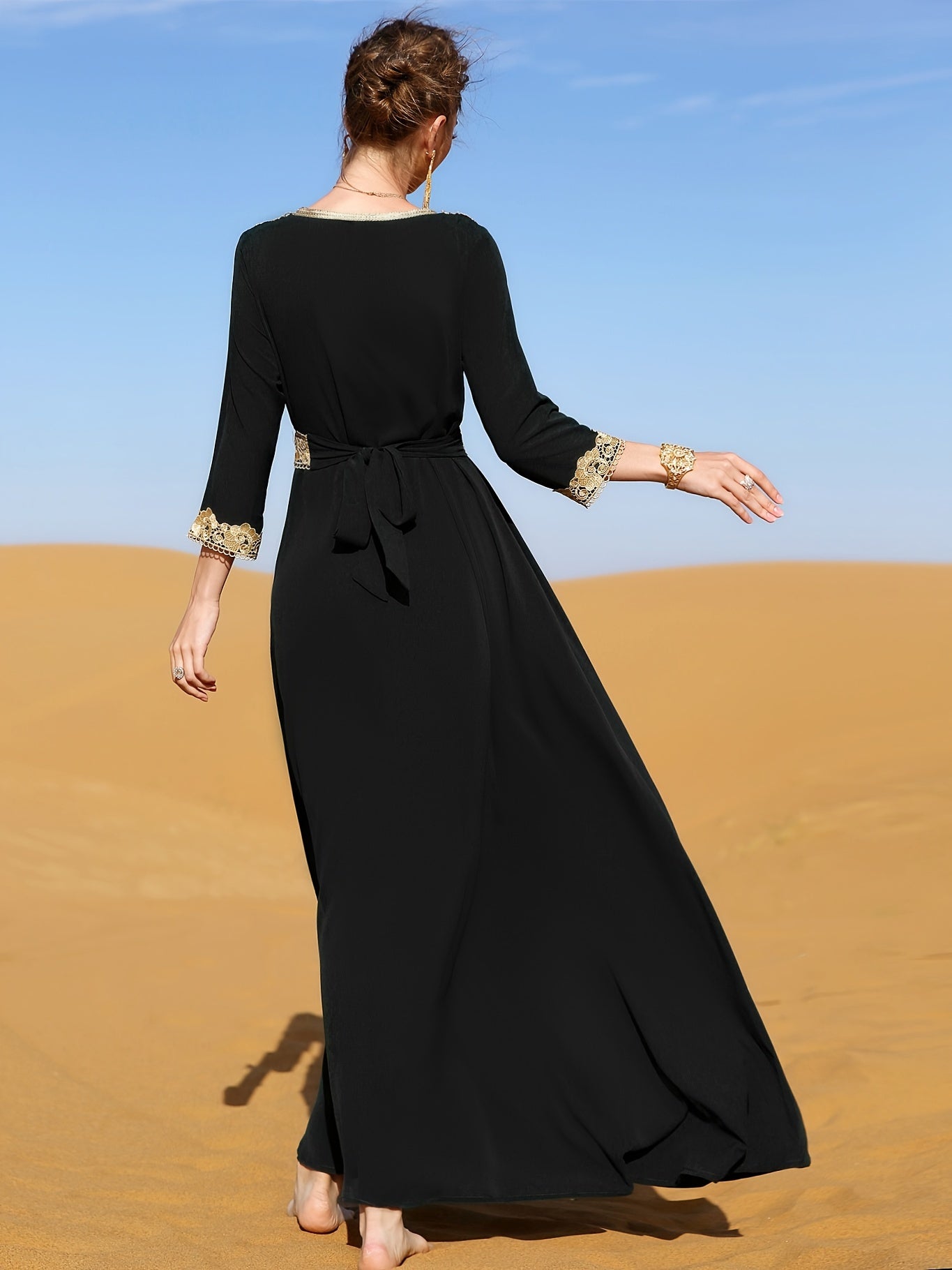 Elegant Golden Contrast Lace Detail Maxi Palestinian Abaya - V-Neck, Long Sleeve, Polyester, Formal or Evening Wear for Women, Formal Occasion Attire | Lace Detailing | Polyester Fabric