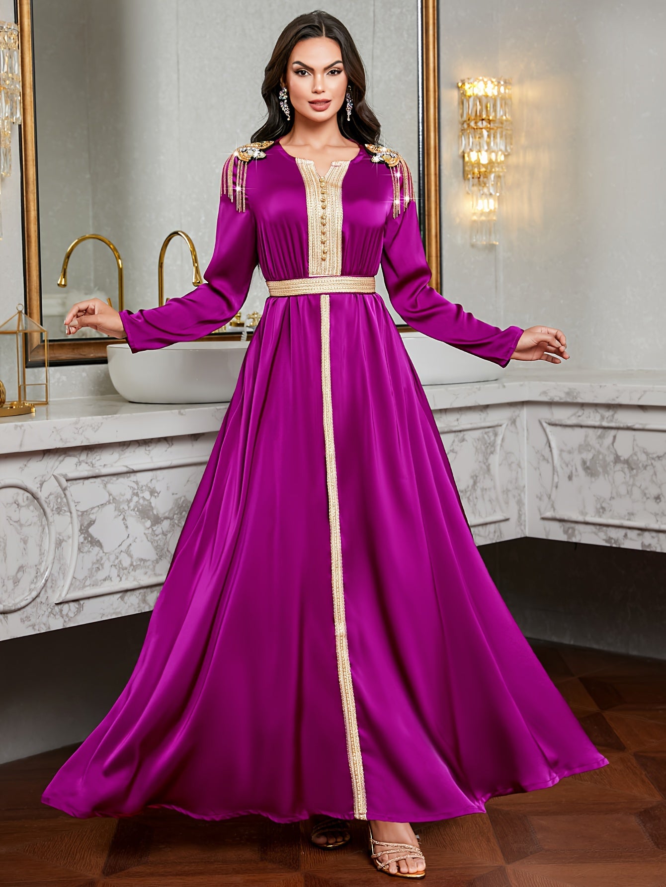 Elegant Purple Emirati Abaya Long Dress | Golden Embroidery, Tassel Detail, Belted, All-Season Wear, Formal Event Attire, Formal Attire, Embroidered Dress, Detailed Embroidery