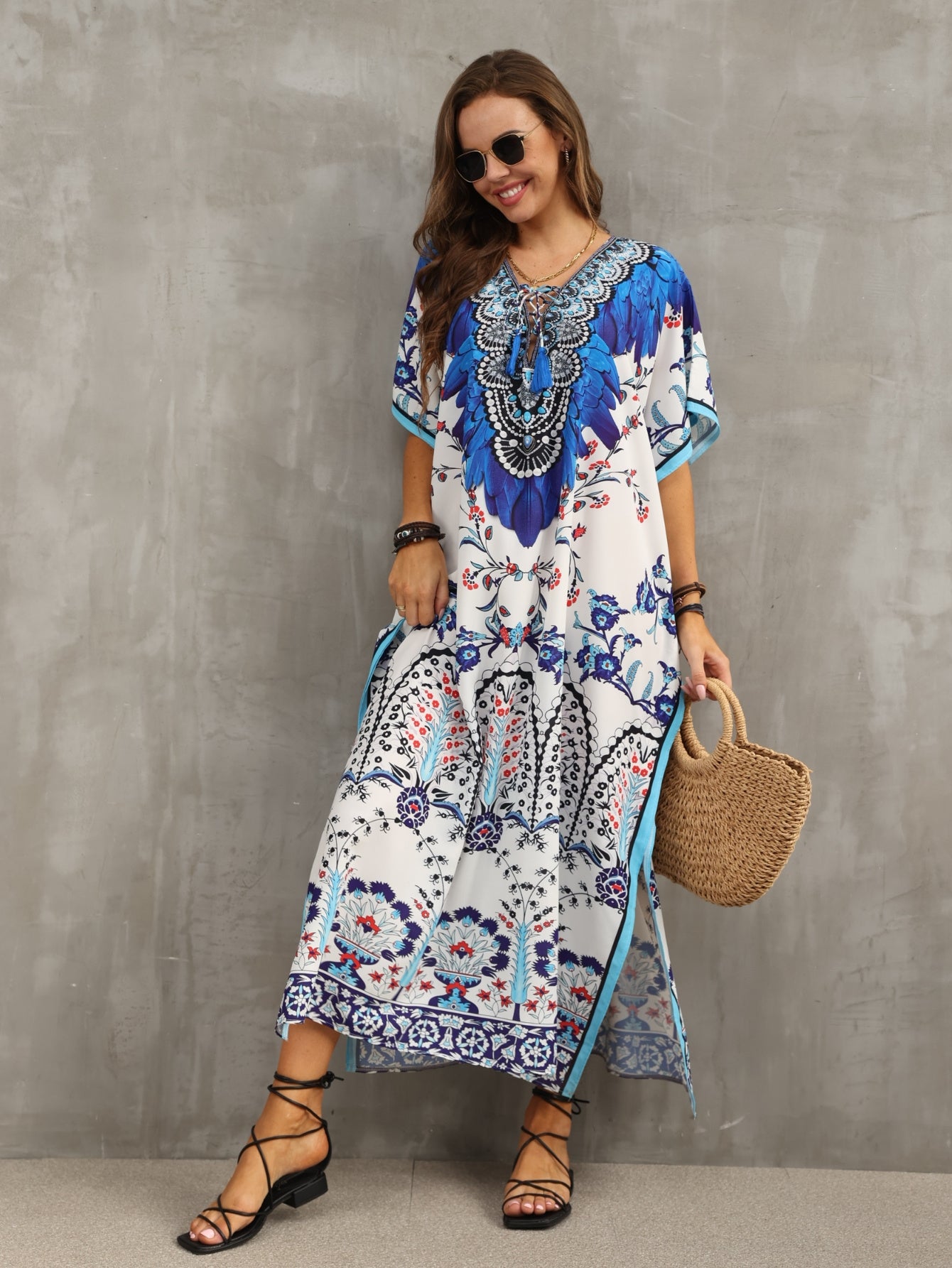 Women'S Kaftan Dresses Flower Print Beach Cover Up Vacation Robe V-neck Side Slit Casual Home Vacation Beach Swimsuit Cover Up Loose Long Dress