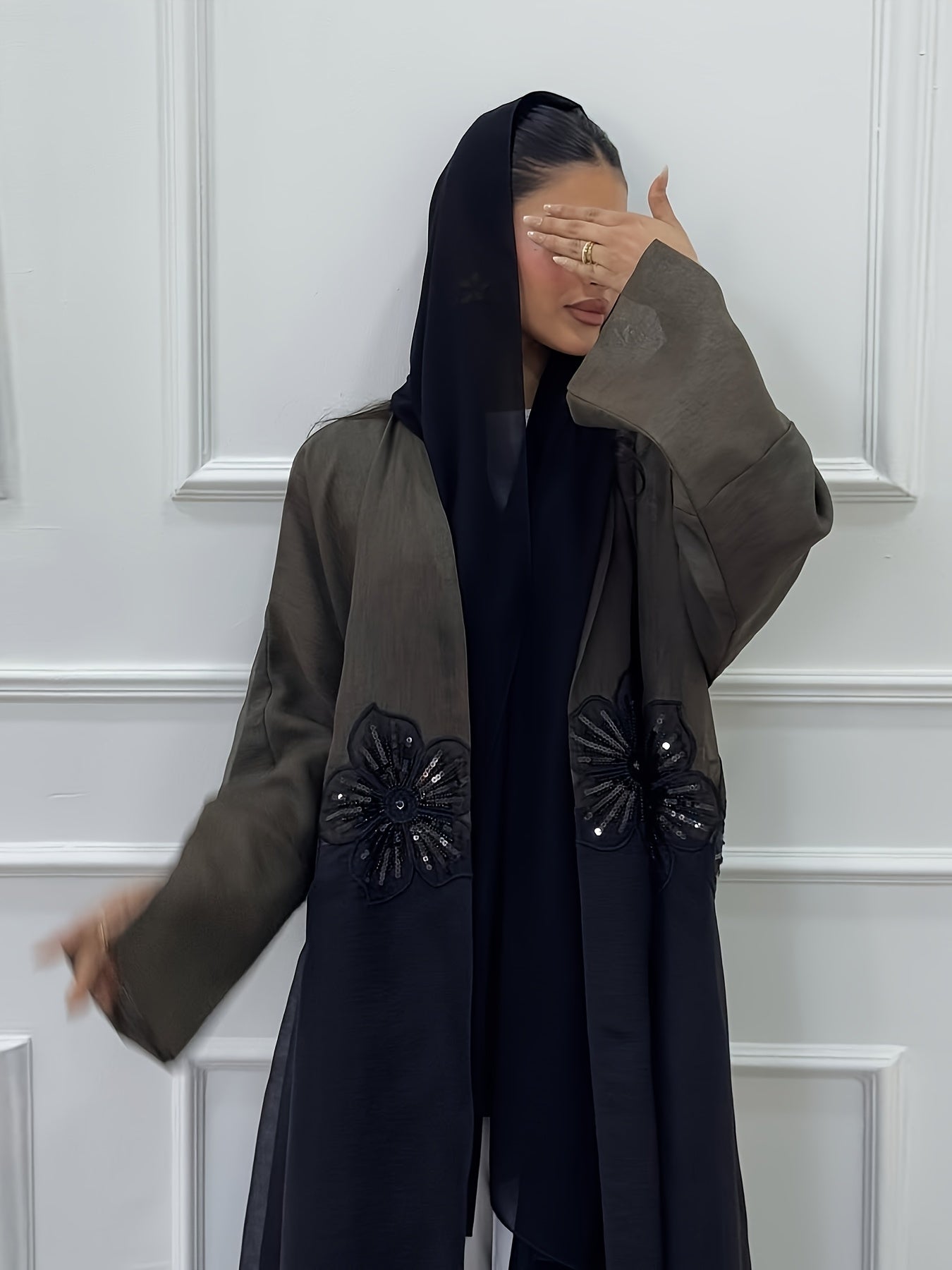 Elegant Modest Muslim Dubai Arabian Abaya Robe with Floral Embroidery - Long Sleeve Open Front, Solid Color, All-Season Wear, No Headscarf, Hand Wash or Dry Clean, Muslim Dress