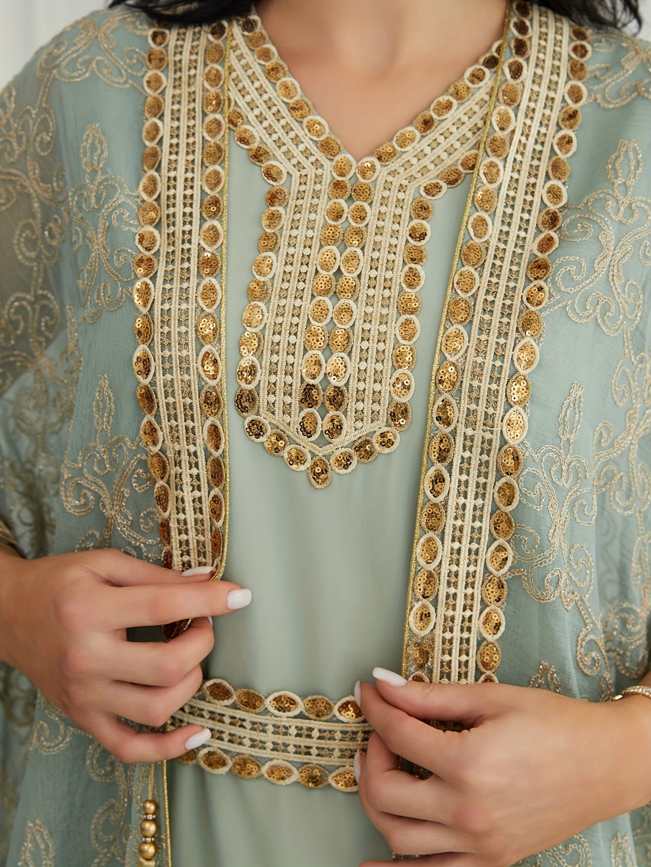 Oriental Style Sequined Lace Two-Piece Mesh Emirati Abaya Dress for Women, Middle Eastern Traditional Long Robe