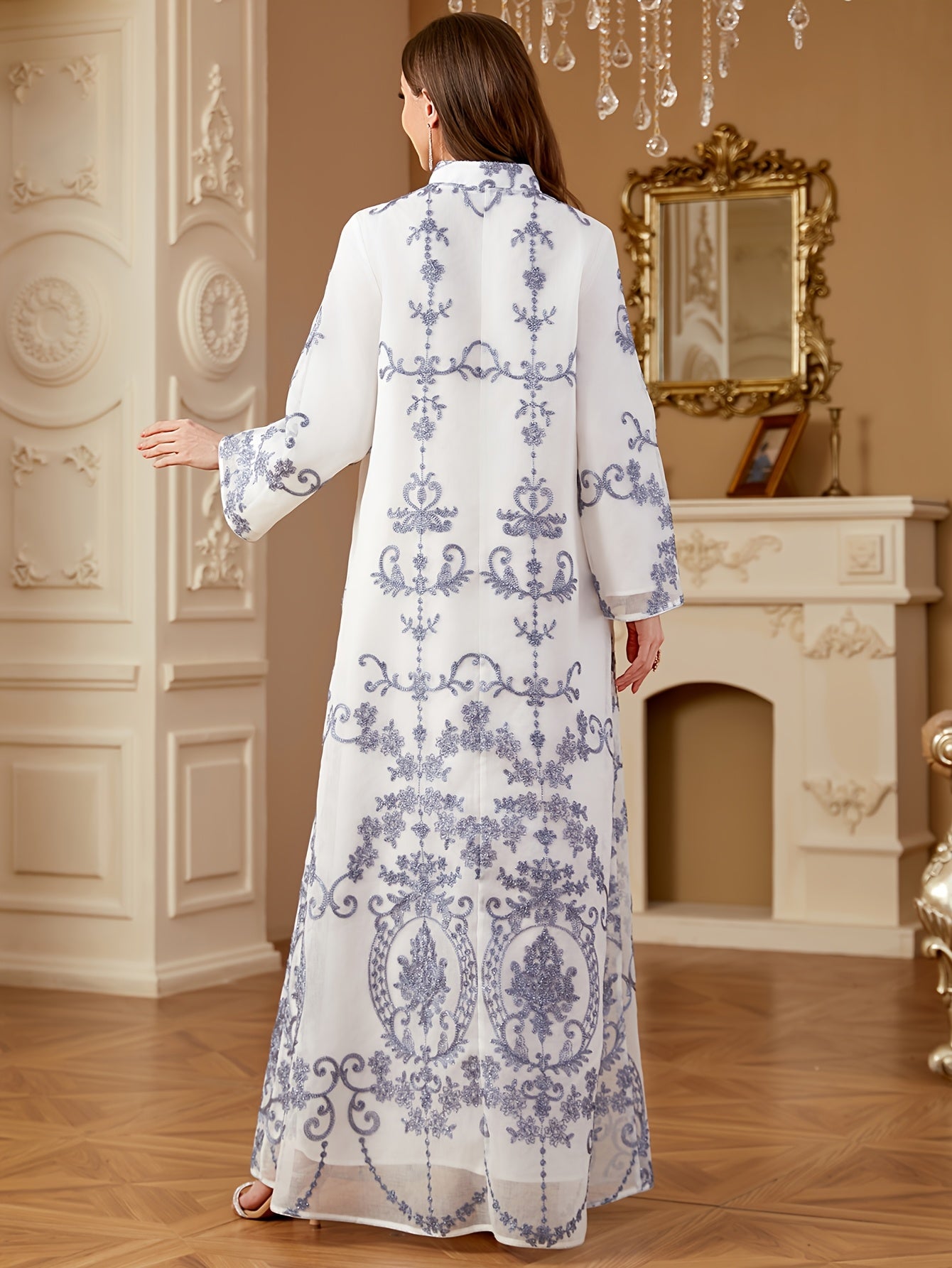 Elegant Blue & White Floral Embroidered Sequin Long Sleeve Maxi Kaftan Abaya - Stand Collar, Polyester, Machine Washable, All-Season Wear for Women