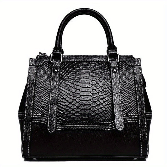 Genuine Leather Women's Crossbody Shoulder Bag - Hexagon Scale Pattern, Adjustable Strap & Zipper Closure, Lightweight Oil-Edged Finish