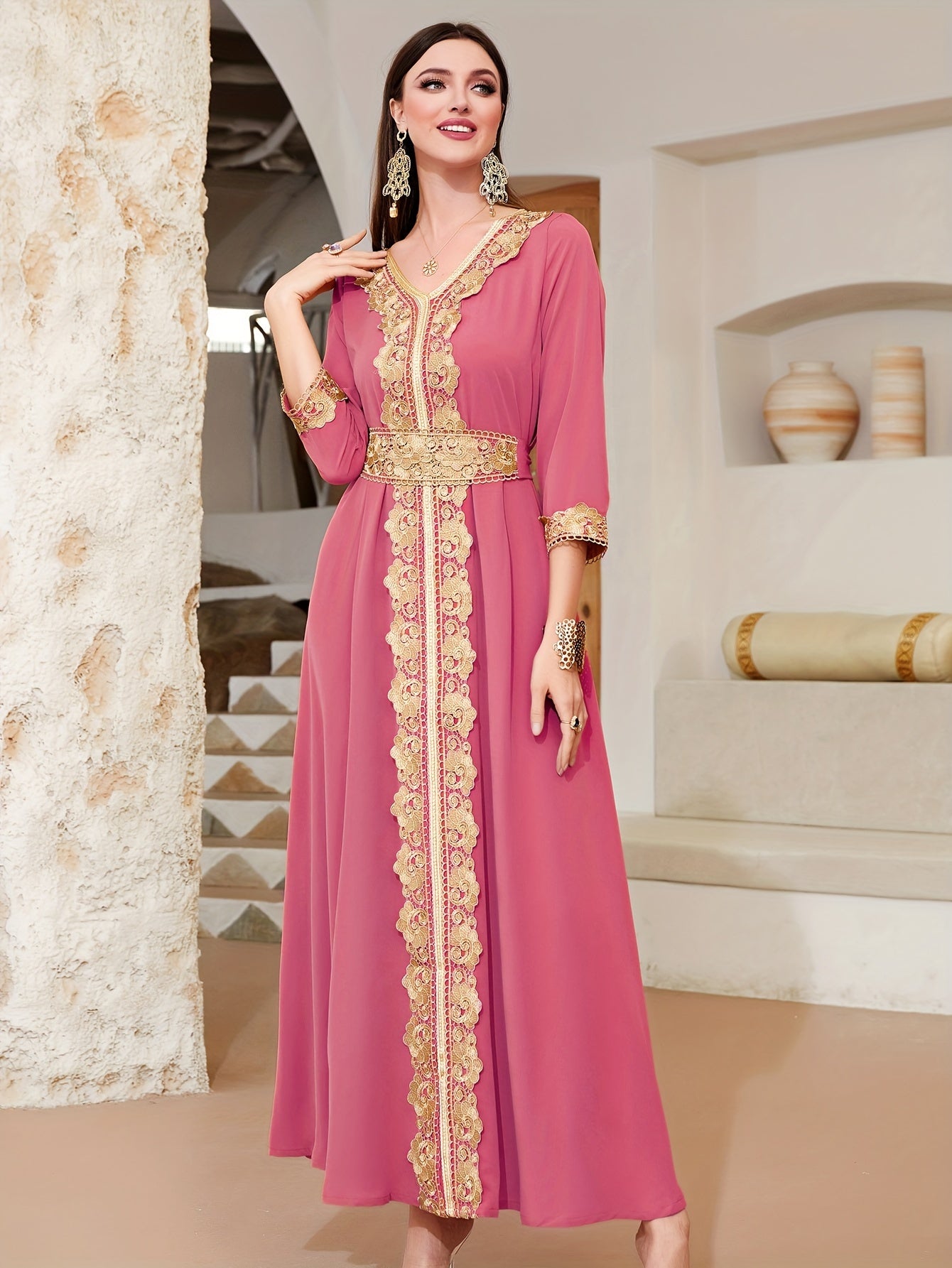 Elegant Golden Contrast Lace Detail Maxi Palestinian Abaya - V-Neck, Long Sleeve, Polyester, Formal or Evening Wear for Women, Formal Occasion Attire | Lace Detailing | Polyester Fabric