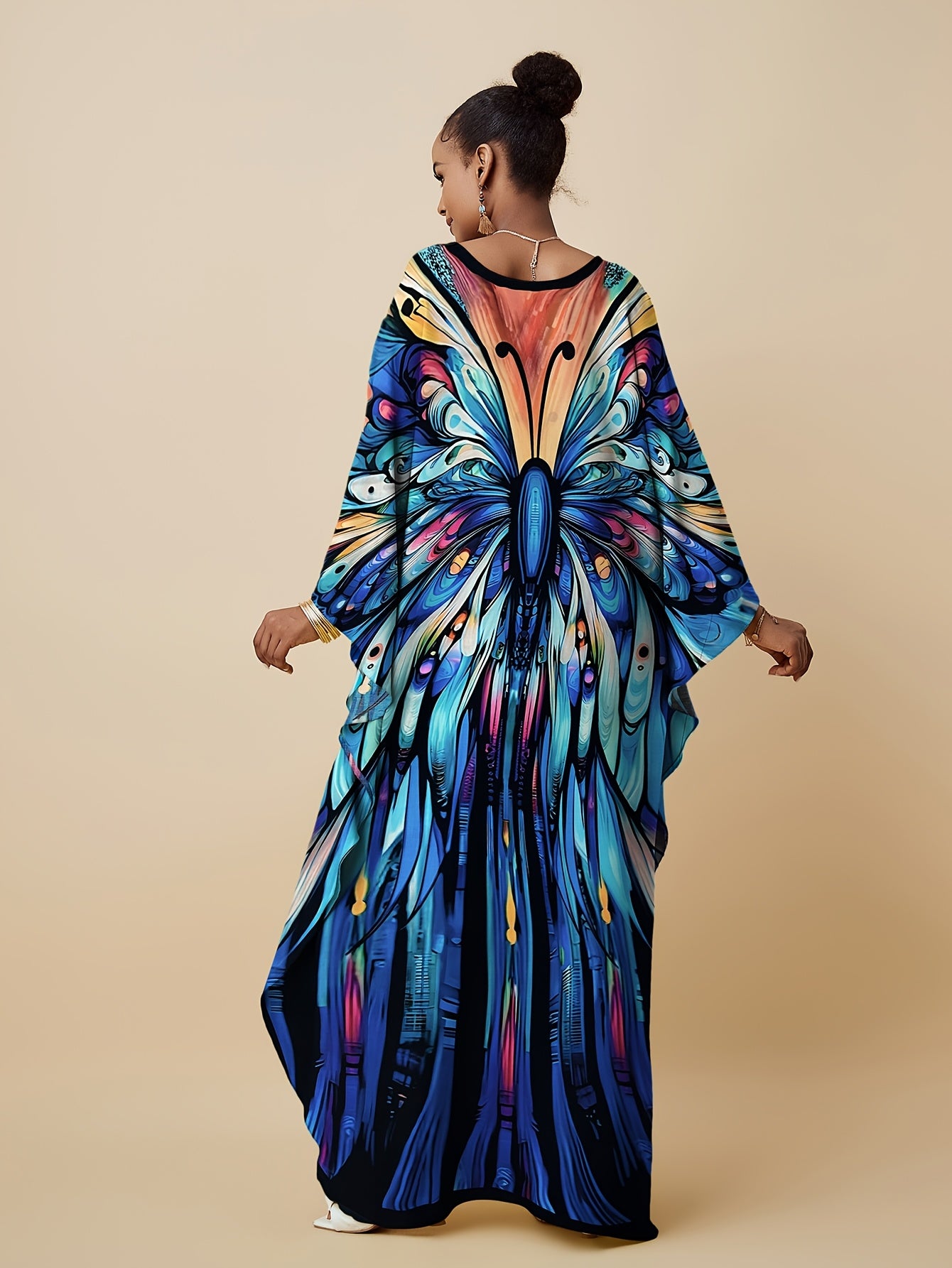 Kaftan Dresses For Women Bohemian Printed V-neck Beach Coverup Batwing Sleeves Kaftan Robe Casual Home Vacation Swimwear Coverup Ethnic Style Dress