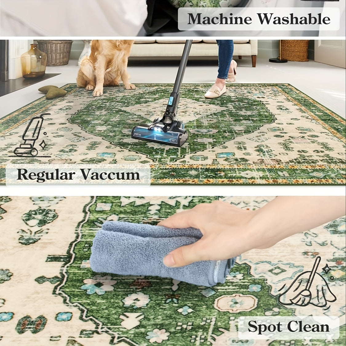 Boho Tribal Area Mat - Distressed Green Machine Washable & Non-Slip 100% Artificial Fur Mat, Large Sizes up to 2.16m² for Entryway, Bedroom, Living Room, Office - Bohemian Indoor Floor Rugs, Entryway Decor, Large Area Carpet