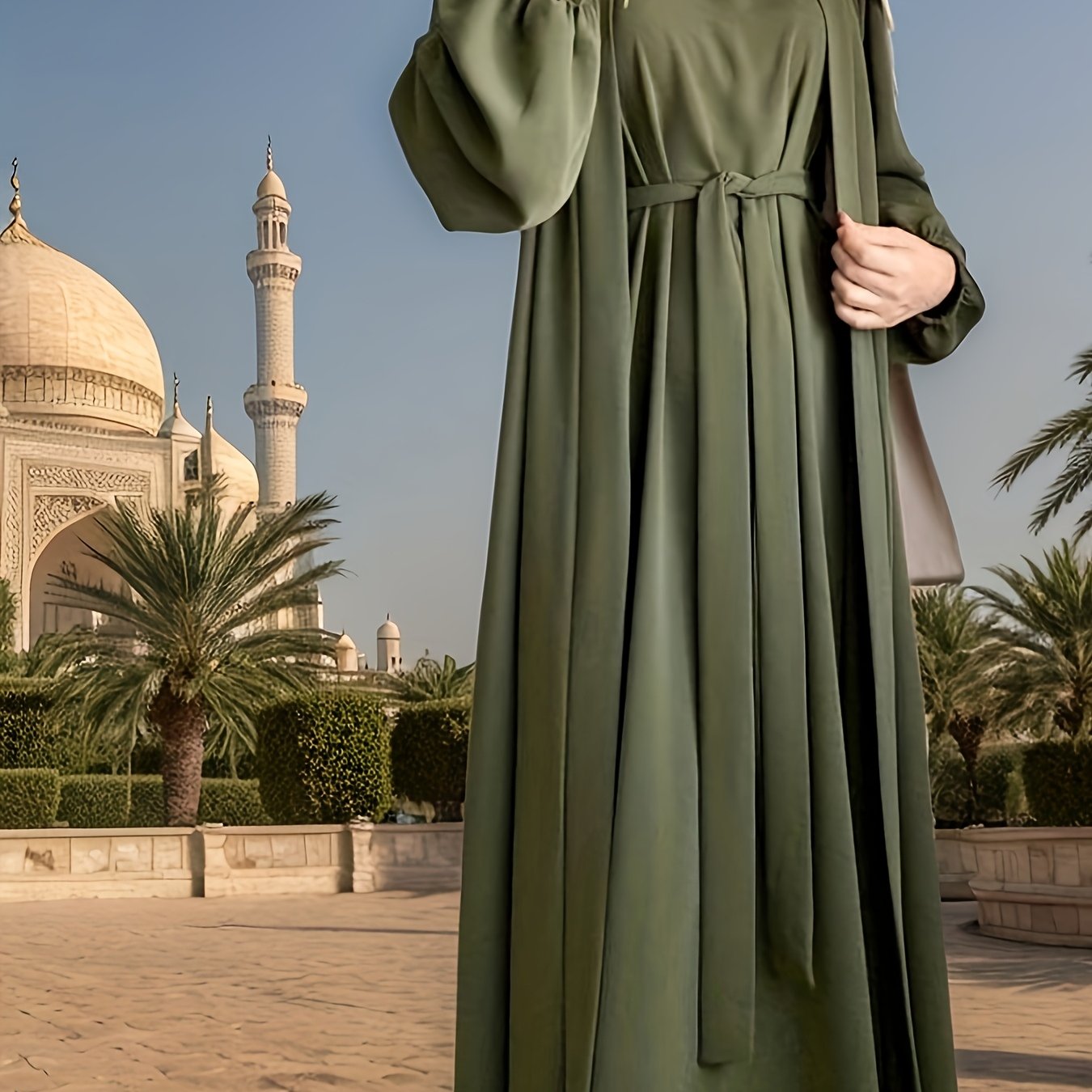 3pcs Elegant Open Arabic Abaya & Pocket Belt Abaya Set - Solid Color, Stretchy Polyester, Breathable for Spring/Summer - Ideal for Ramadan & Muslim Women, Lightweight Islamic Kaftan Dresse