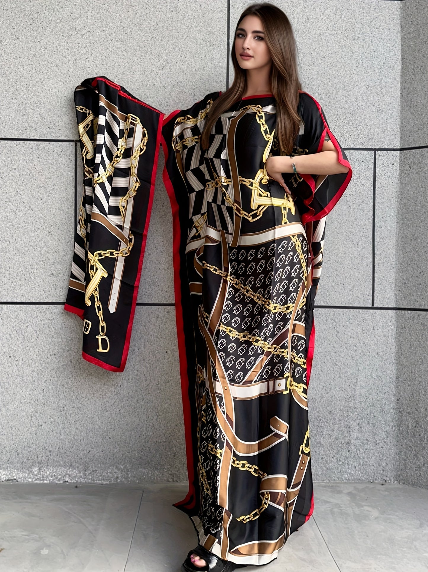 Chain Print Boat Neck Modest Dress, Elegant Batwing Sleeve Loose Maxi Dress With kaftan Abaya, Women's Clothing