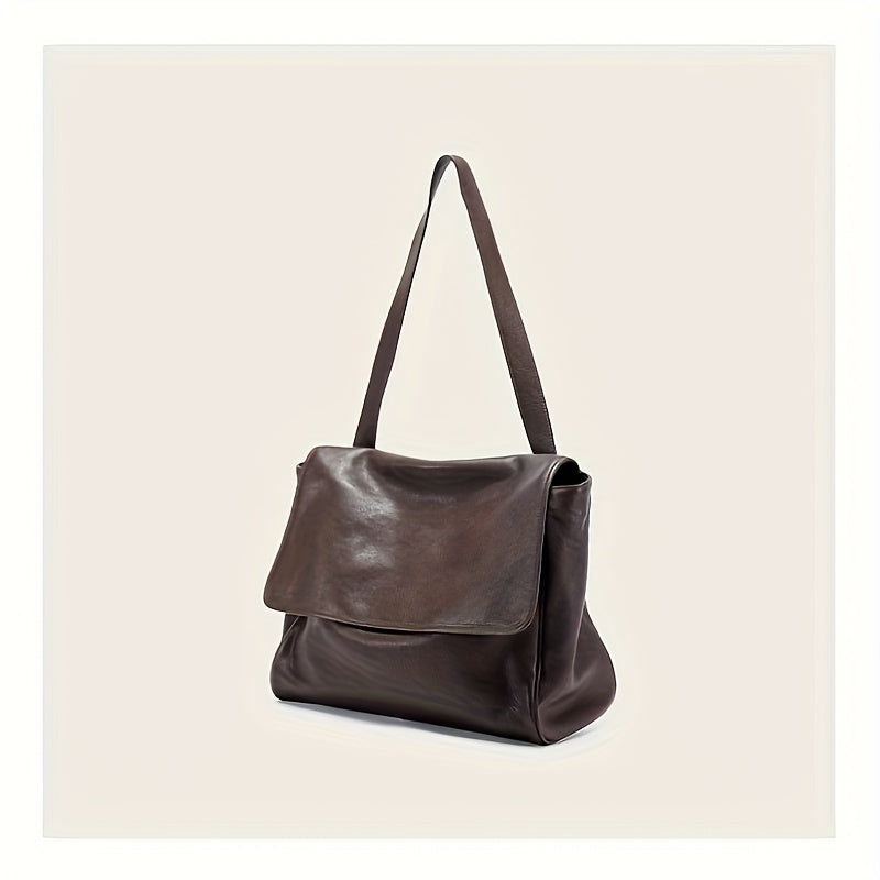 Top-Grain Vintage Genuine Leather Tote Messenger Bag - Flap Closure, Fixed Shoulder Strap, Large Capacity