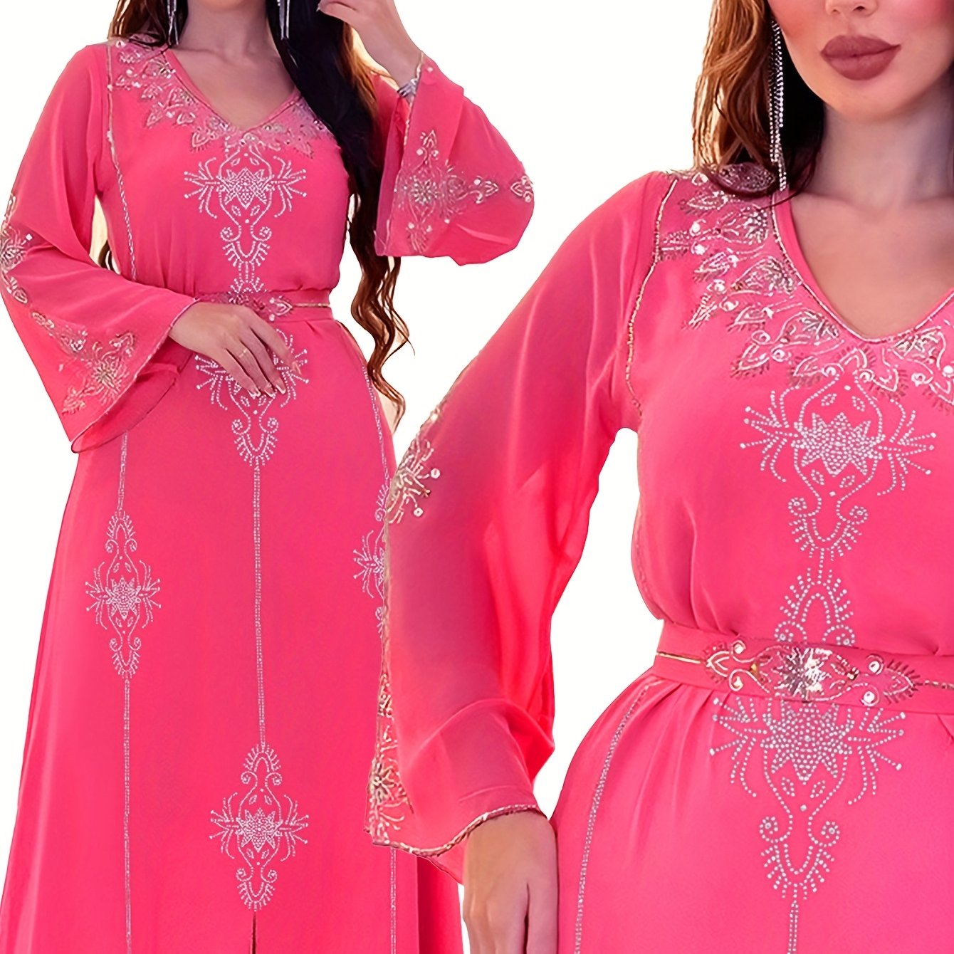 Elegant Rhinestone Embellished Chiffon Dress - Summer Long Robe for Women, Polyester, Machine Washable, Middle Eastern Style Palestinian Abaya
