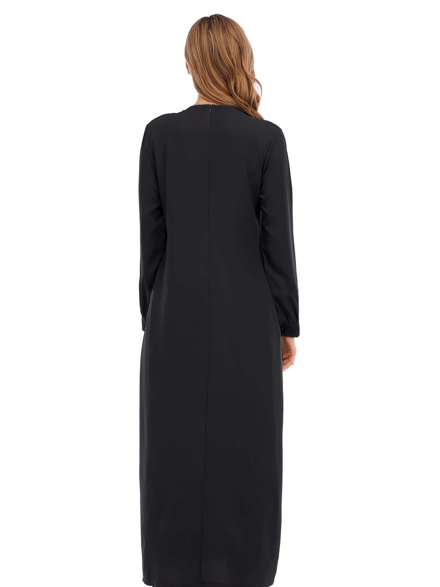Ramadan Crew Neck Long Sleeve Modest Arabic Abaya, Solid Color Zipper Maxi Length Dress, Women's Clothing