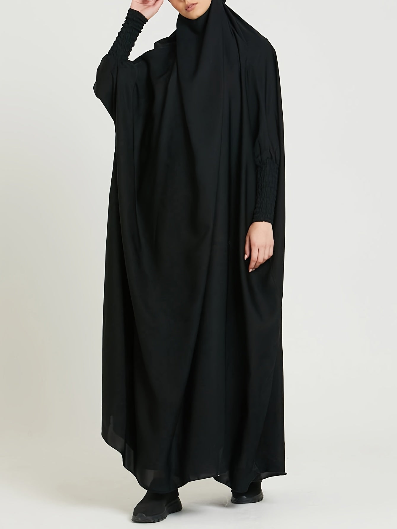 Women's Long Sleeve Abaya Dress - Loose Fit Solid Blue Kraft Style with Frill Hem