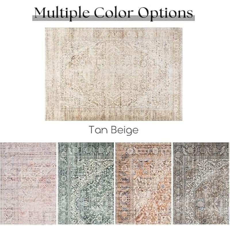 Boho Neutral Living Room Rug, Vintage Rustic Earth Tone Modern Farmhouse Style Easy to Clean Stain Resistant Area Rugs for Bedroom Dining Room Light Tan Brown and Beige