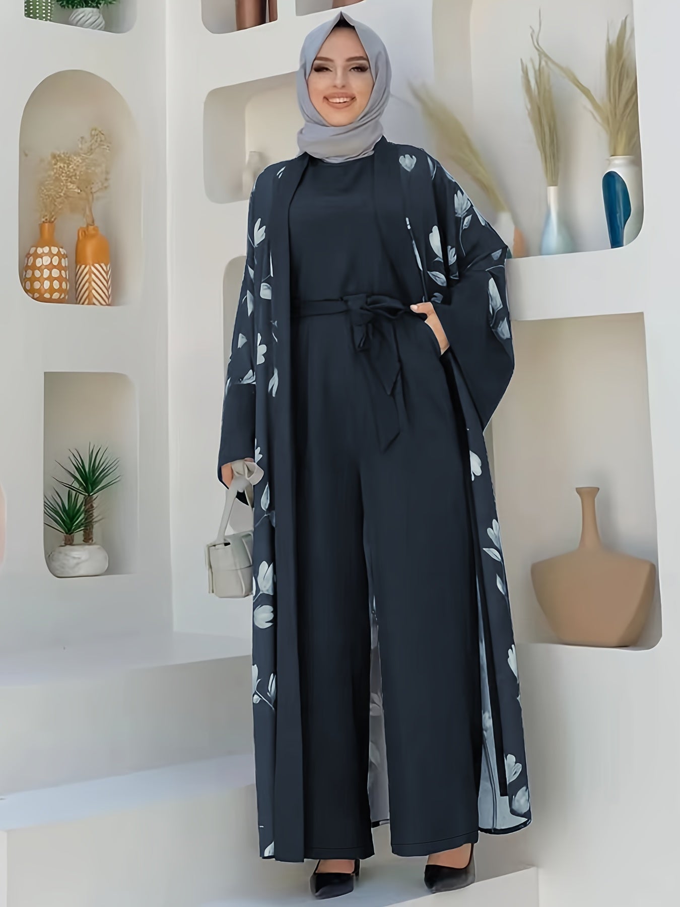 Middle Eastern Muslim Print Jumpsuit Two-Piece Set for Women Without Headscarf | Pakistani Abaya