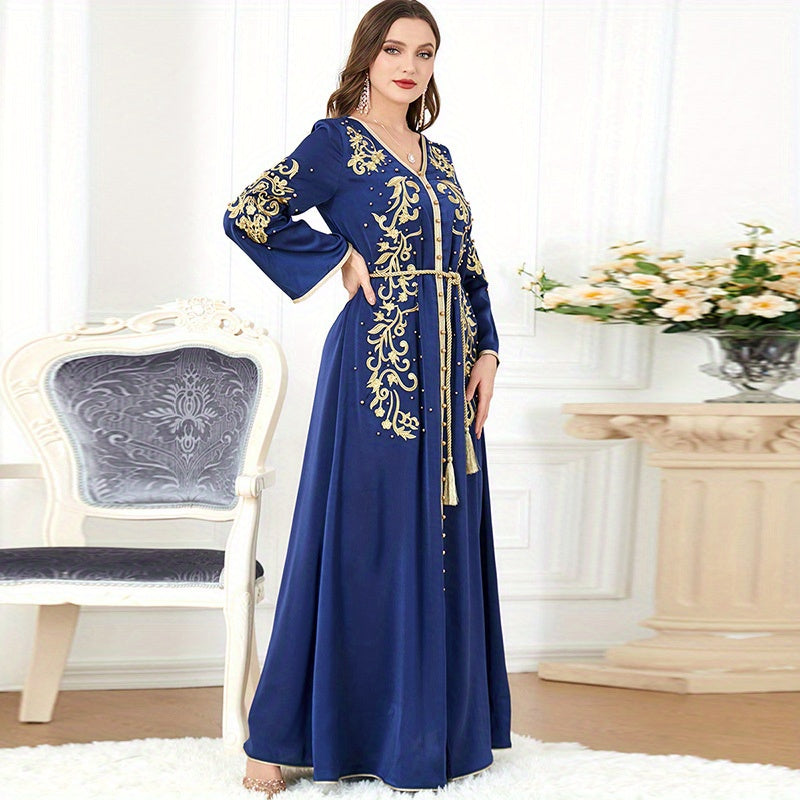 Plants Print V-neck Slit Kaftan Abaya, Long Sleeve Dress, Women's Clothing