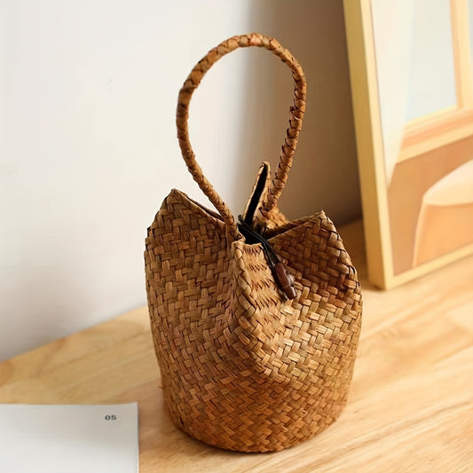 Retro Woven Bucket Bag, Bohemian Ruched Handbag, Mini Candy Bag For Wedding Festival Party