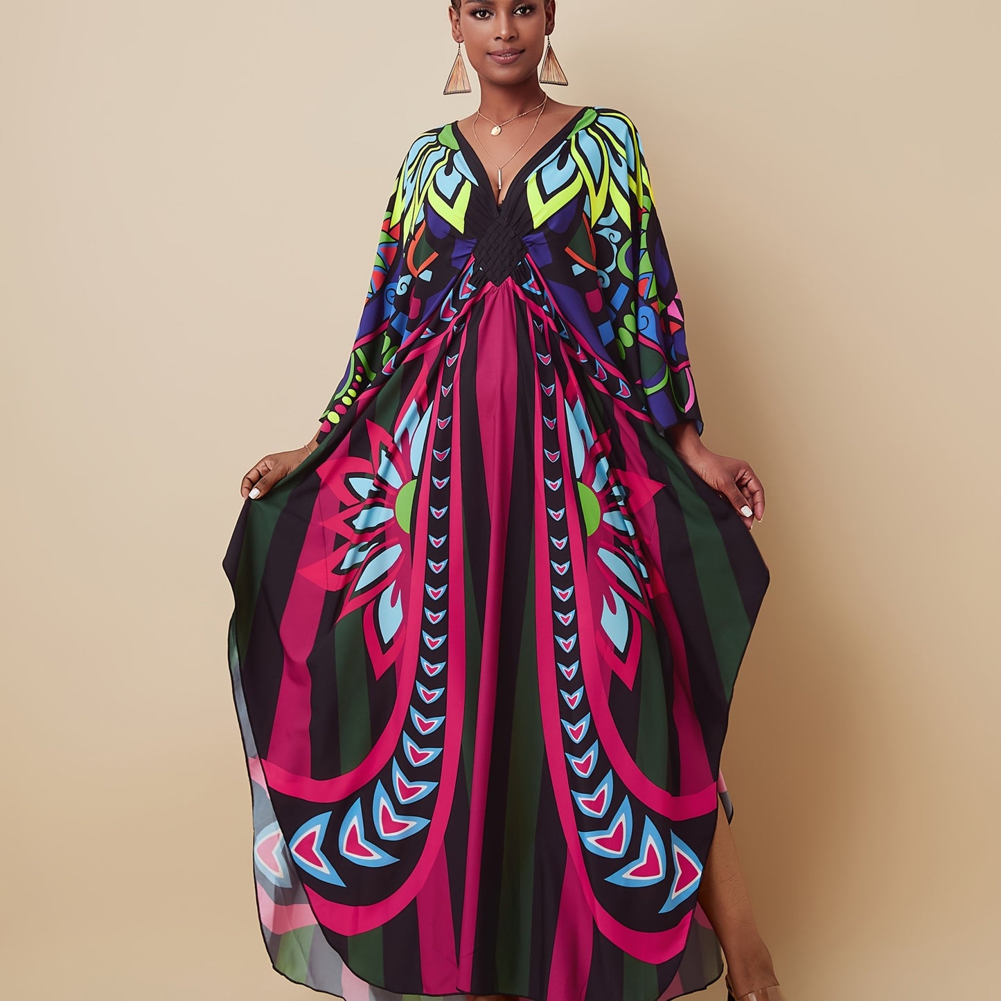 Plus Size - V-neck Kaftan Slit Women's Dress Party Outfit Summer Cover Up Dress Onesize Butterfly Abaya