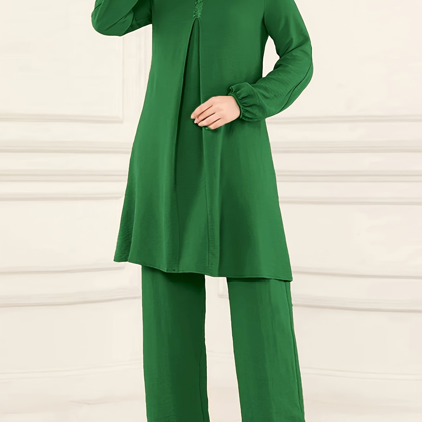 Ramadan Elegant Pure Muslim Two Piece Set, Long Sleeve Round Neck Top and straight-leg Pants Jilbaab Outfits, Women Clothing