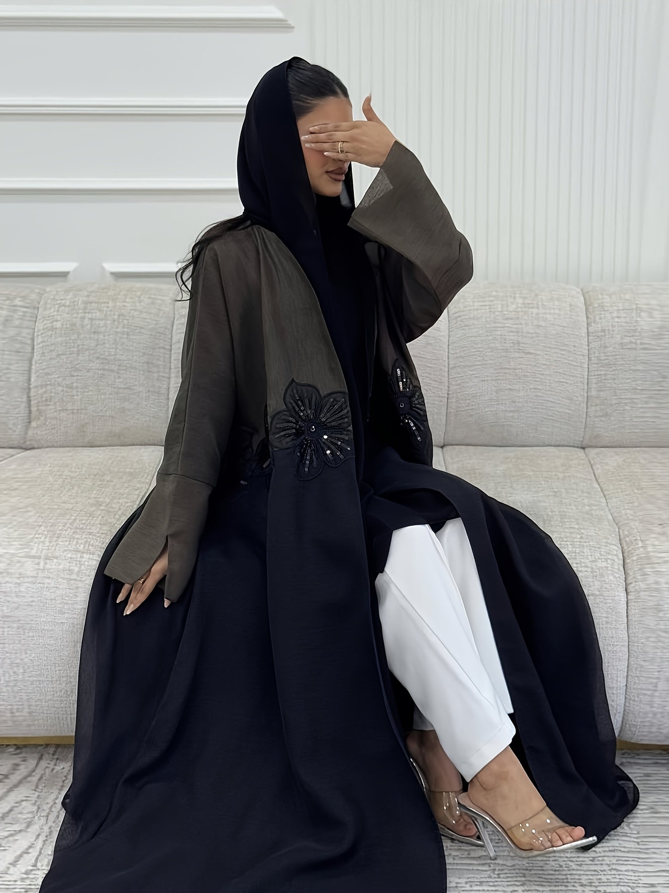 Elegant Modest Muslim Women's Abaya Robe with 3D Beaded Appliqués - Chic Open Front, Long Sleeve, High-Quality Fabric, Dark Blue & White Color Block, Loose Fit for All Seasons, Muslim Dress