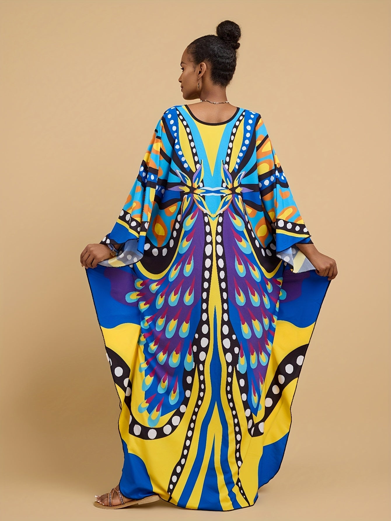 Plus Size - Maxi Dress - Vibrant Butterfly Abaya Cover Up, V-Neck Batwing Sleeve Tunic with Asymmetrical Hem, Loose Fit Long Beach Dress for Women, Spring Summer Fall Casual Outings, Beach Dress