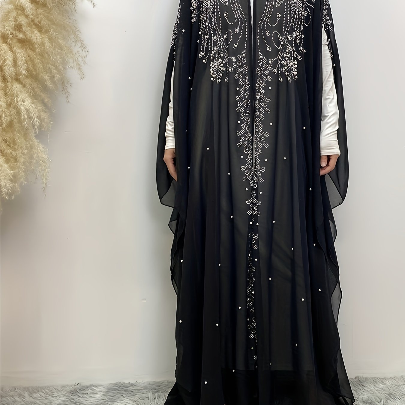 Luxury Chiffon Rhinestone-Embellished Hooded Muslim Kimono Abaya with Batwing Sleeves - Long Formal Party Gown, Machine Washable Elegant Modest Evening Dress for Spring/Summer