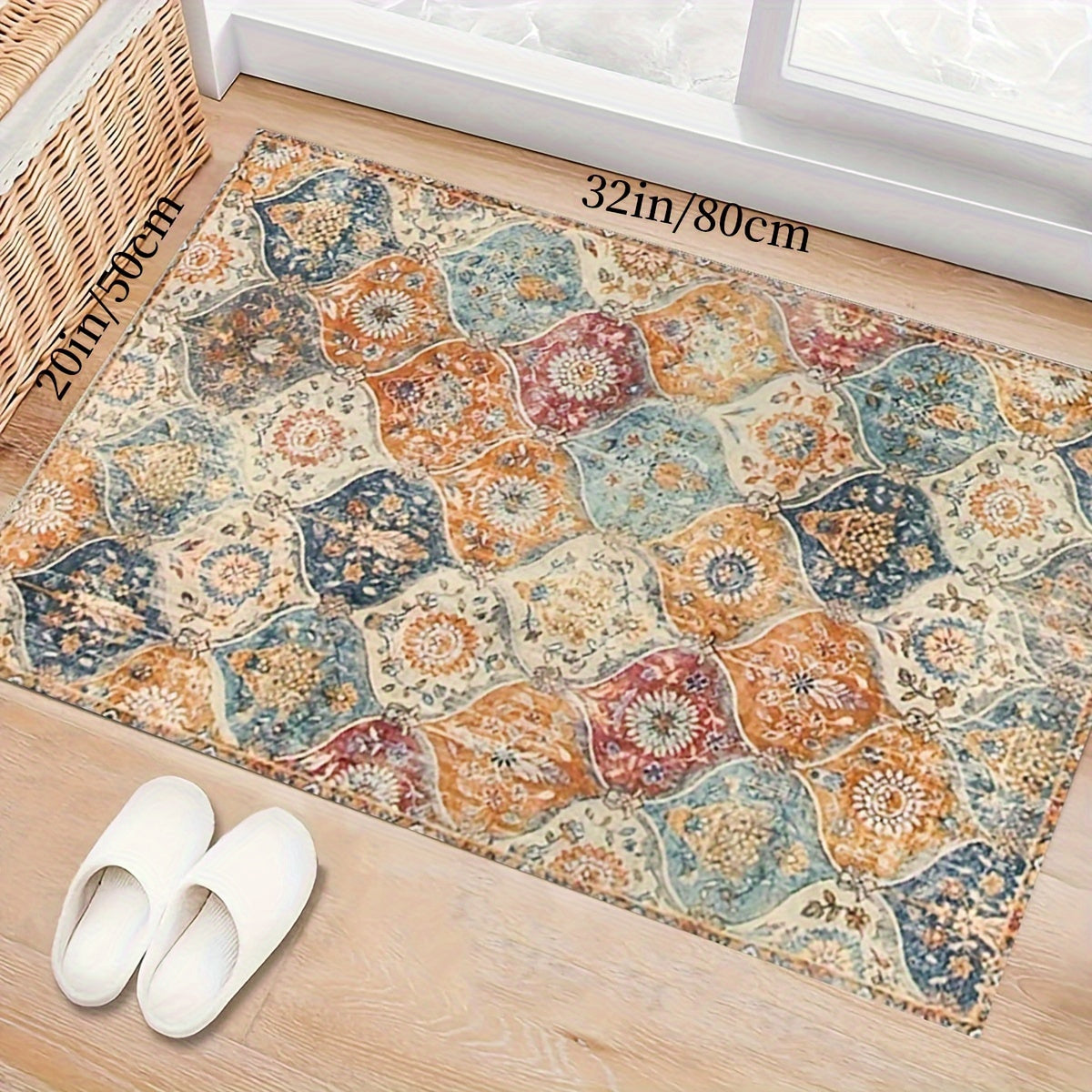 1pc Bohemian Moroccan Print - Decorative Rectangular Floor Mat with Braided Edges, 24"x16" & 30"x18", Non-Woven Fabric & Rubber Backing for Bathroom Kitchen Living Room, Bathroom Carpet