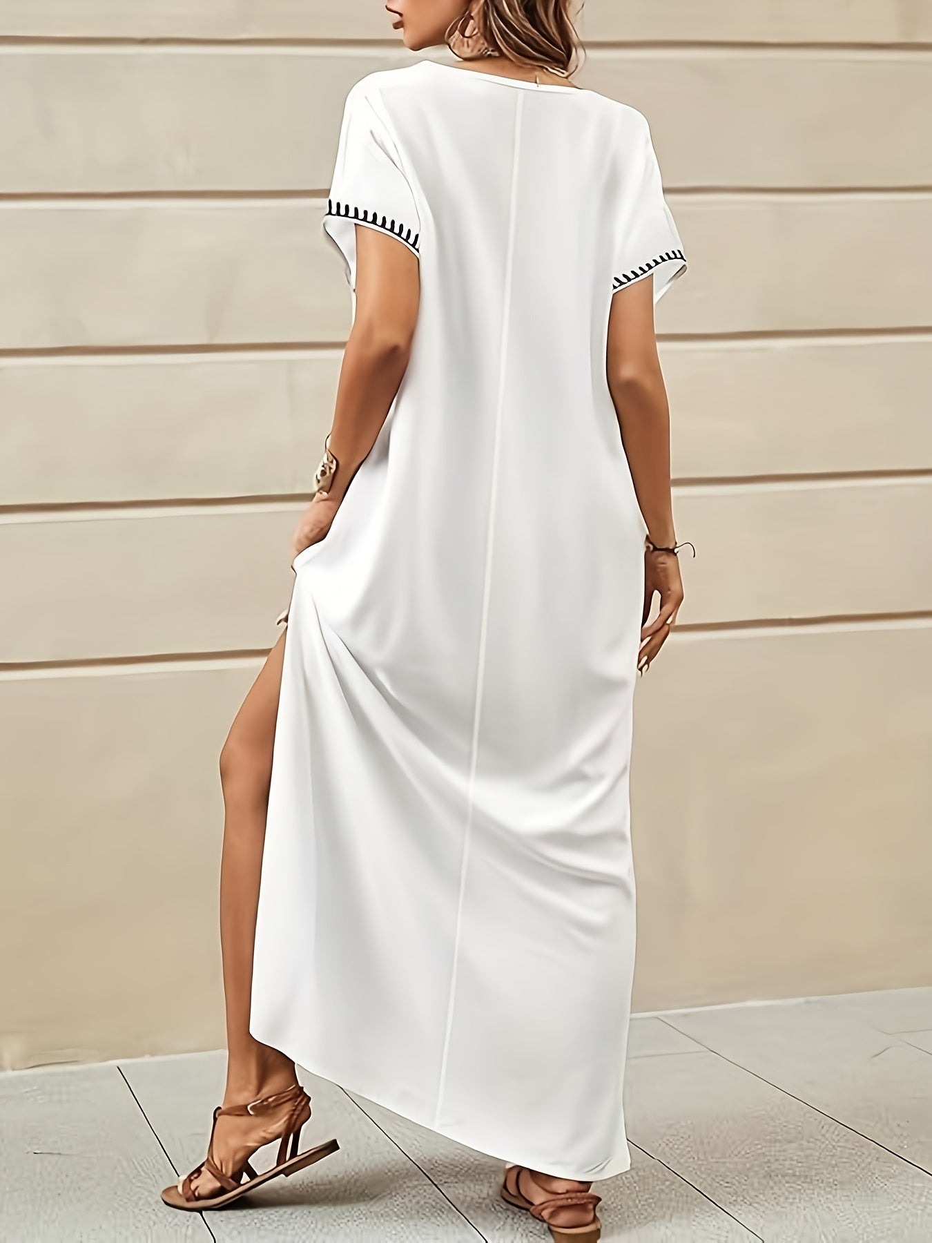 Embroidery Long Kaftans for Women Bathing Suit Cover Up V Neck Kaftan Loungewear Maxi Dresses Black