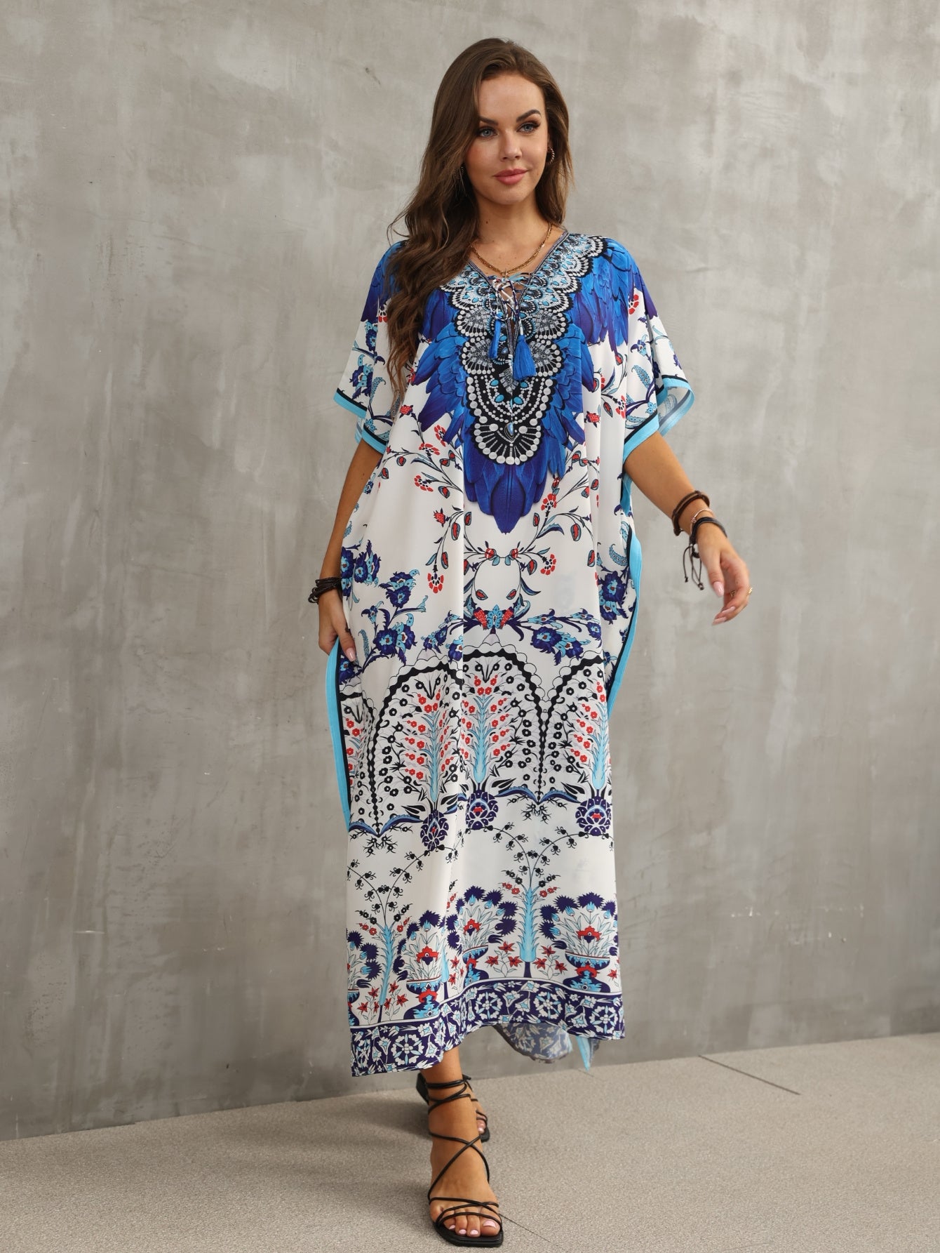 Women'S Kaftan Dresses Flower Print Beach Cover Up Vacation Robe V-neck Side Slit Casual Home Vacation Beach Swimsuit Cover Up Loose Long Dress
