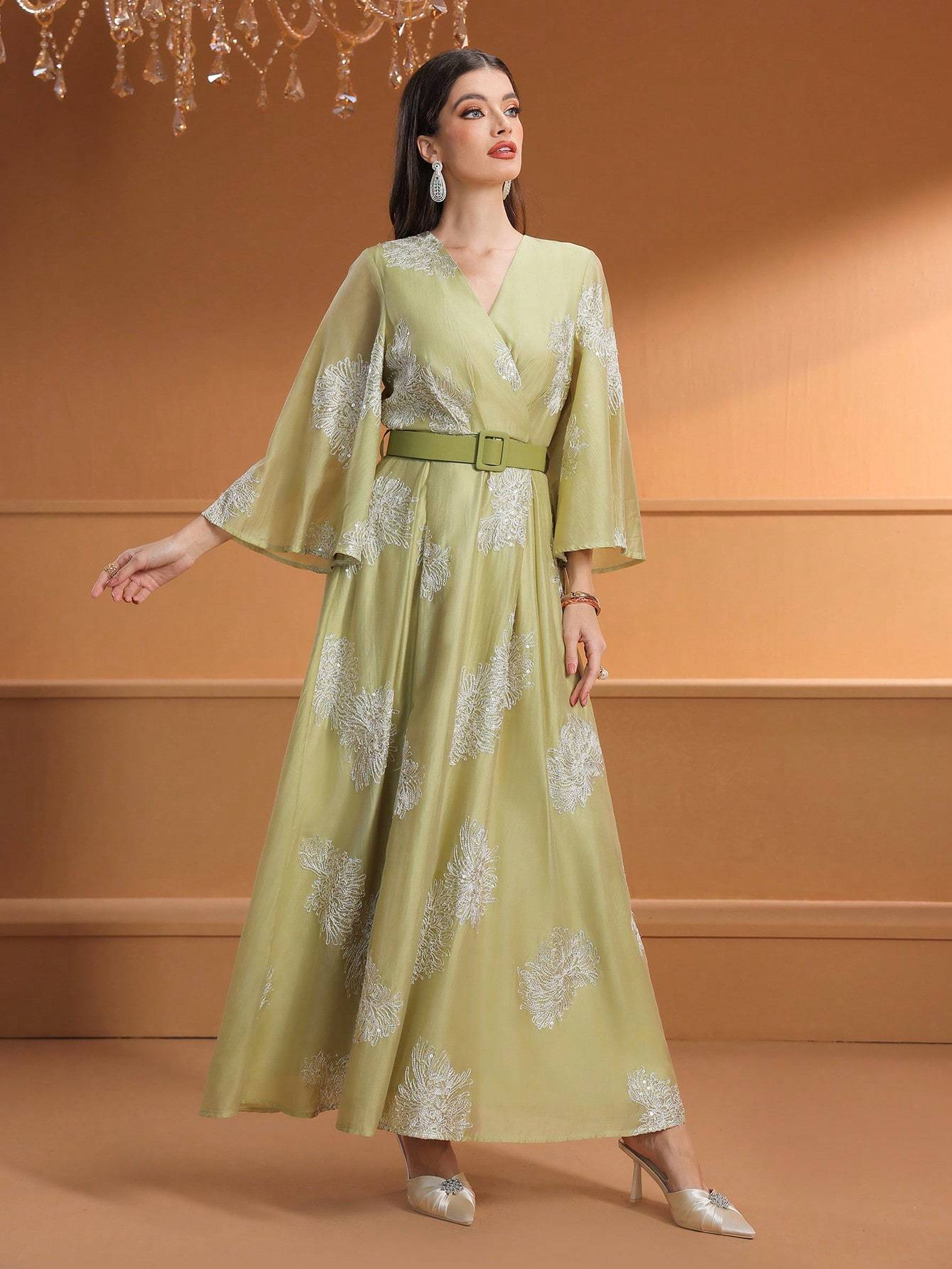 Women's Middle Eastern-Inspired Cross Neck Batwing Sleeve Modern Abaya with Adjustable Belt - Floor-Length Solid Color Formal Gown for Office, Weddings, Parties & Daily Gatherings