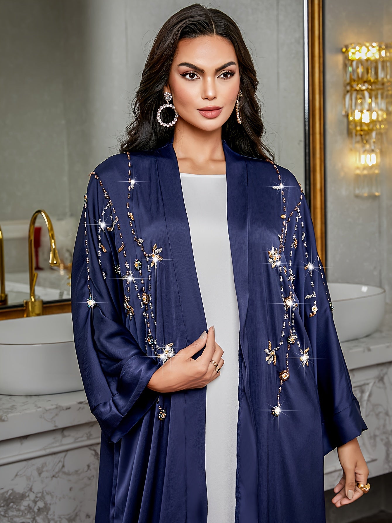 Elegant Navy Blue Kimono Abaya with Sparkling Embellishments - Long Sleeve, Loose Fit, Floor-Length Dress for Women, Perfect for All Seasons, Allseason Attire|Sparkling Embellishments|Rhinestone Details