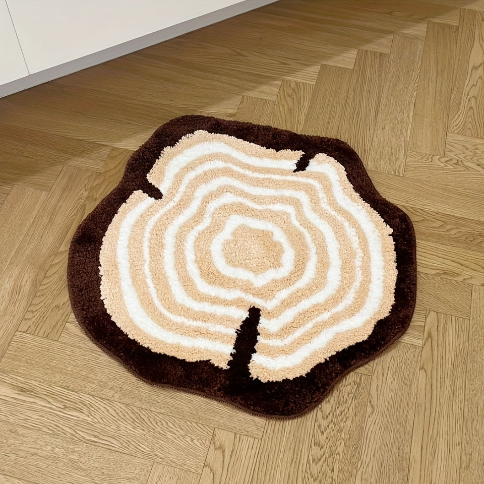 Plush Tufted Area Mat - Thick & Soft Non-Slip TPR Backing, Brown Tree Stump Design with White & Beige Patterns, Unique Circular Shape, Machine Washable for Bedroom, Living Room, Rugs for Bathroom