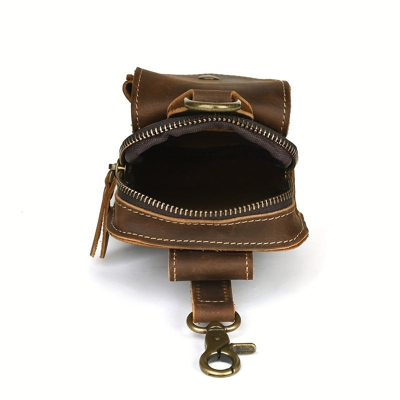 Men's Retro Genuine Leather Belt Bag - Anti-Theft Lightweight Belt Clip with Multiple Zippered Compartments for Phone & Essentials