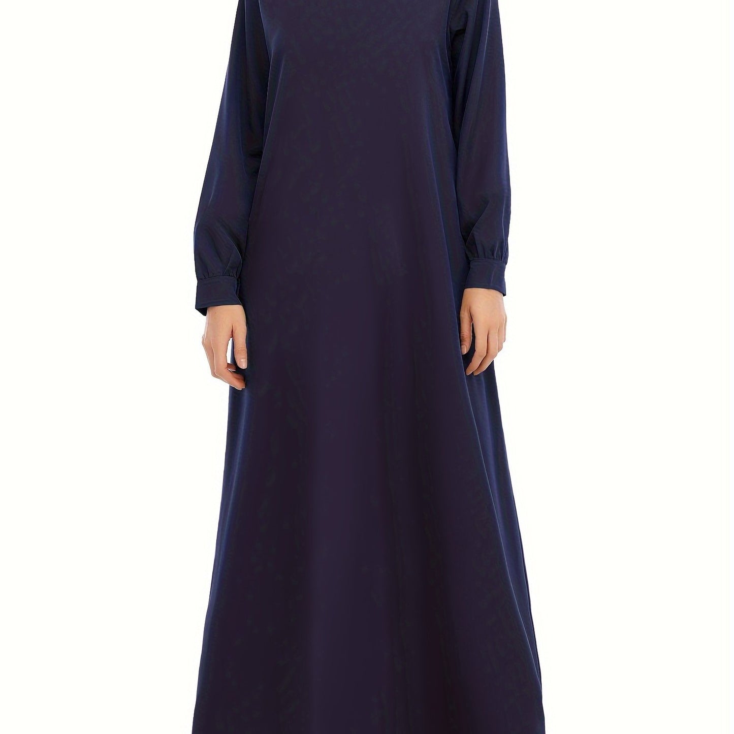 Ramadan Crew Neck Long Sleeve Modest Arabic Abaya, Solid Color Zipper Maxi Length Dress, Women's Clothing