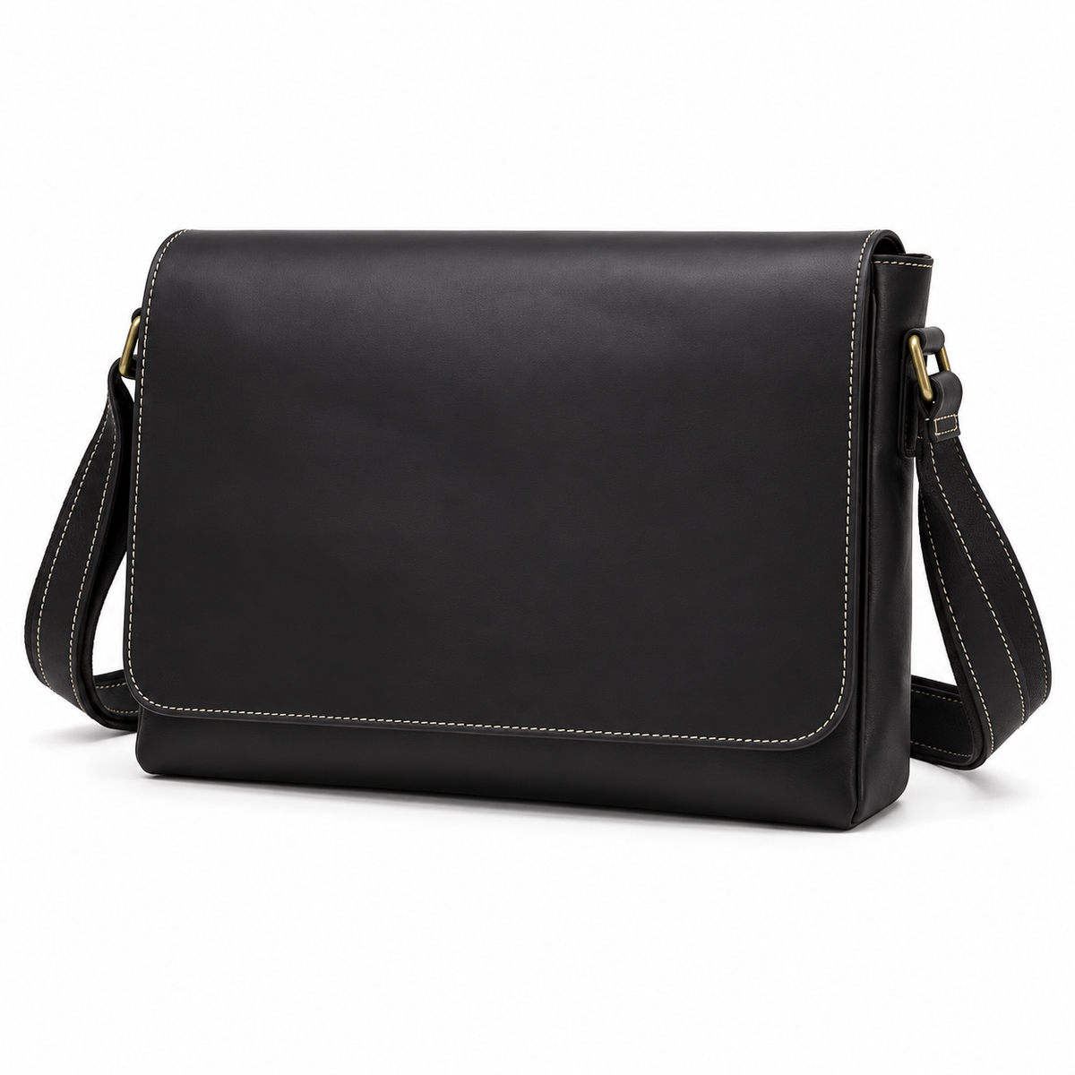 Classic Black Leather Laptop Messenger Bag