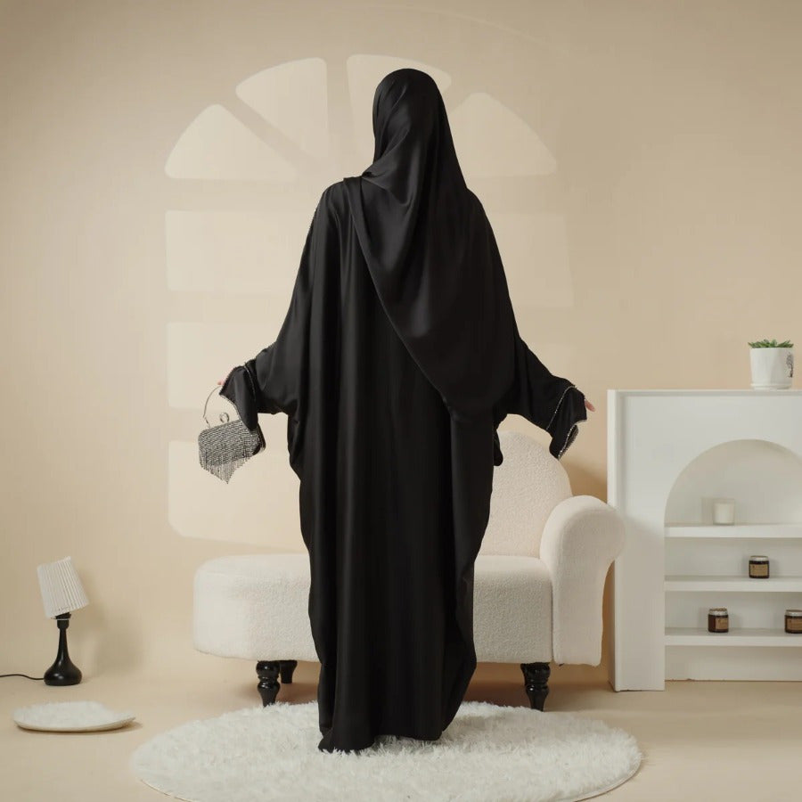 Batwing Emirati Abaya with Matching Hijab | Batwing Sleeve Abaya – Elegant Middle Eastern Arab, Islamic Style Shawl Robe Dress for Women, Long Skirt, Ramadan Prayer Outfit